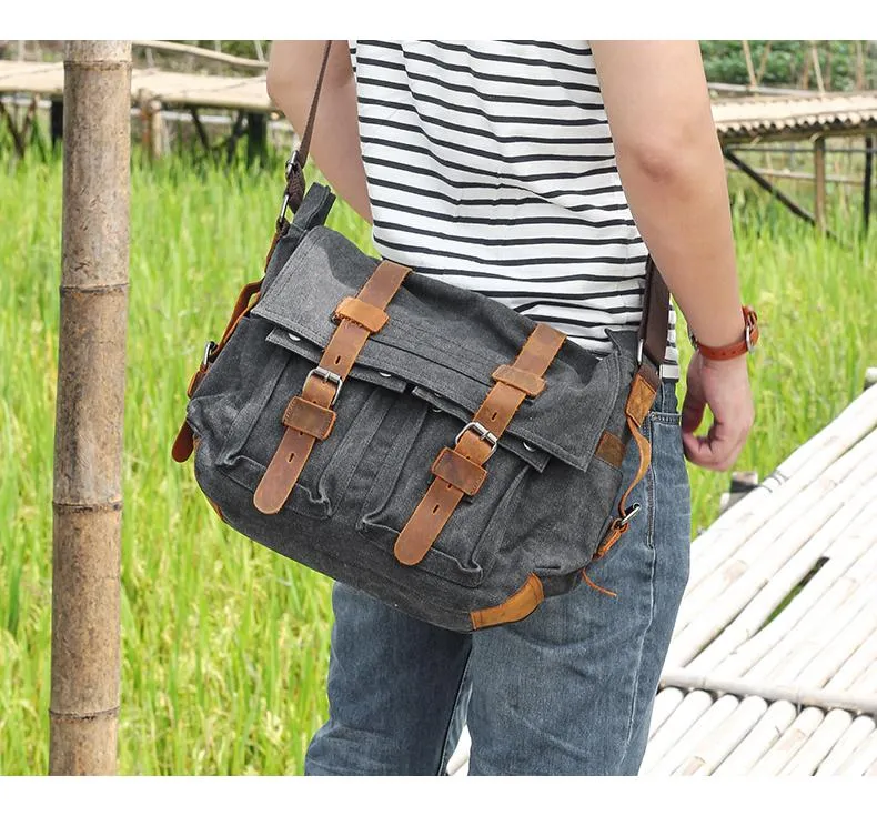 14'' Canvas And Leather Messenger Bag Mens Canvas Courier Bag Canvas Messenger Bags