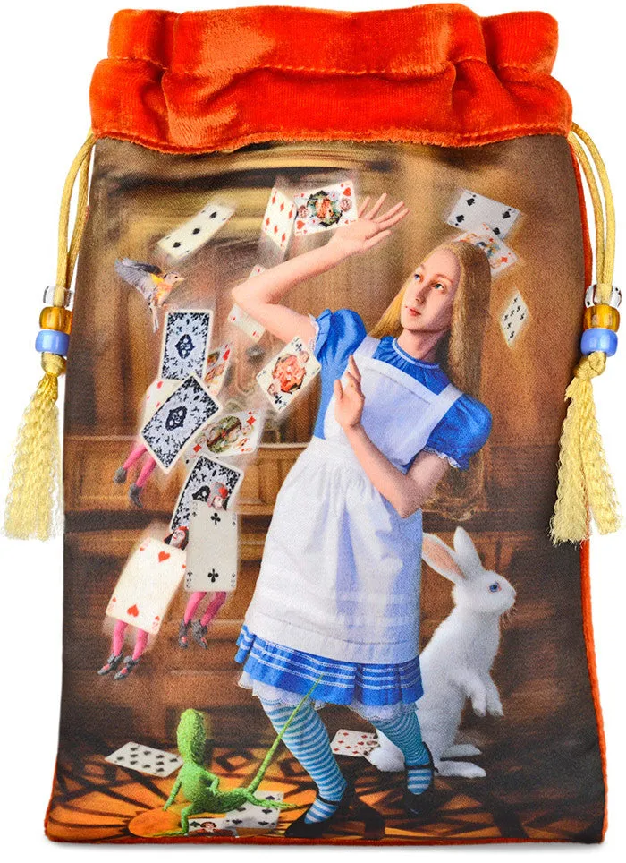 Alice and the Shower of Cards, orange silk velvet tarot pouch