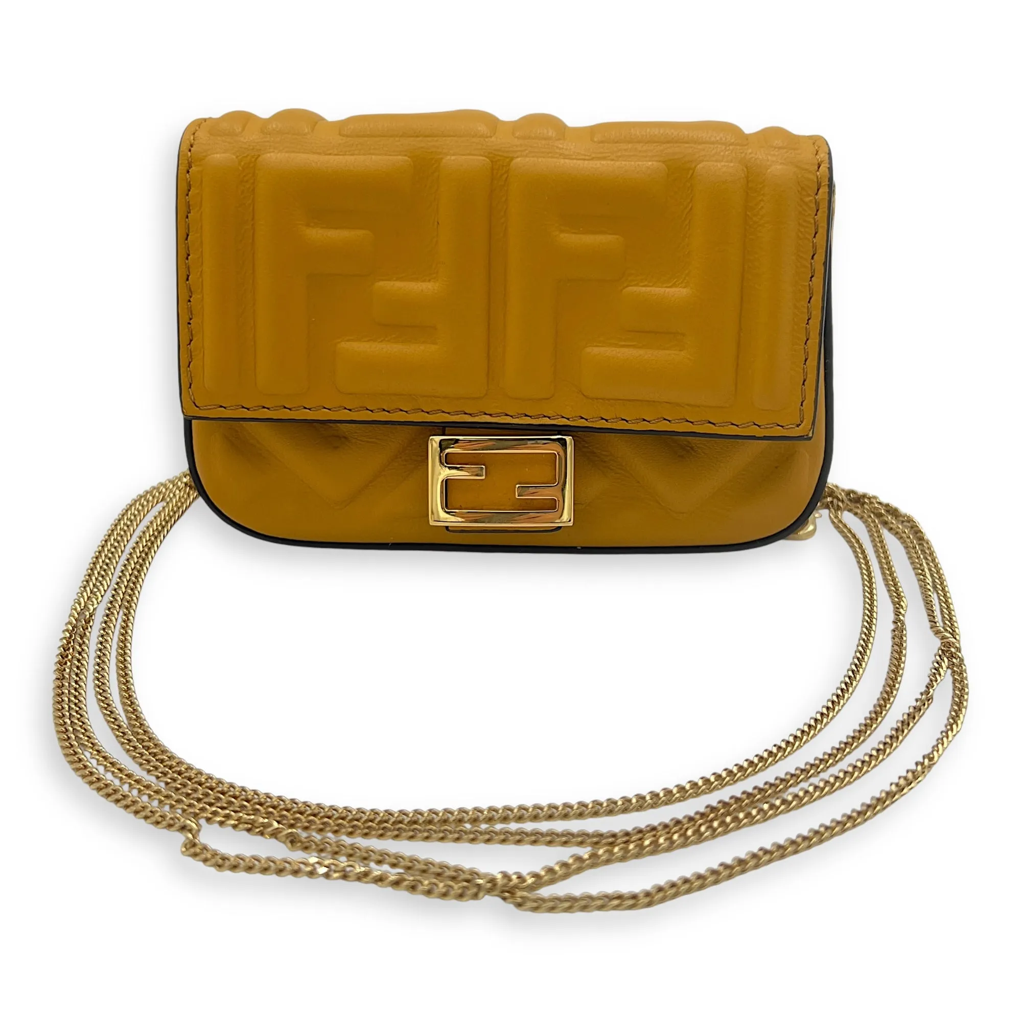 Baguette Nano Yellow Crossbody Bag in Calfskin, Gold hardware