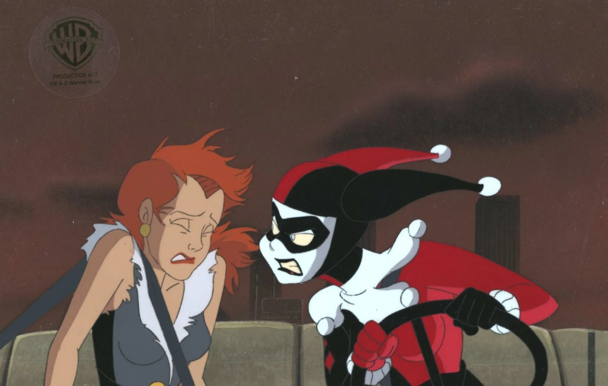 Batman The Animated Series Original Production Cel On Original Background: Harley Quinn and Veronica Vreeland