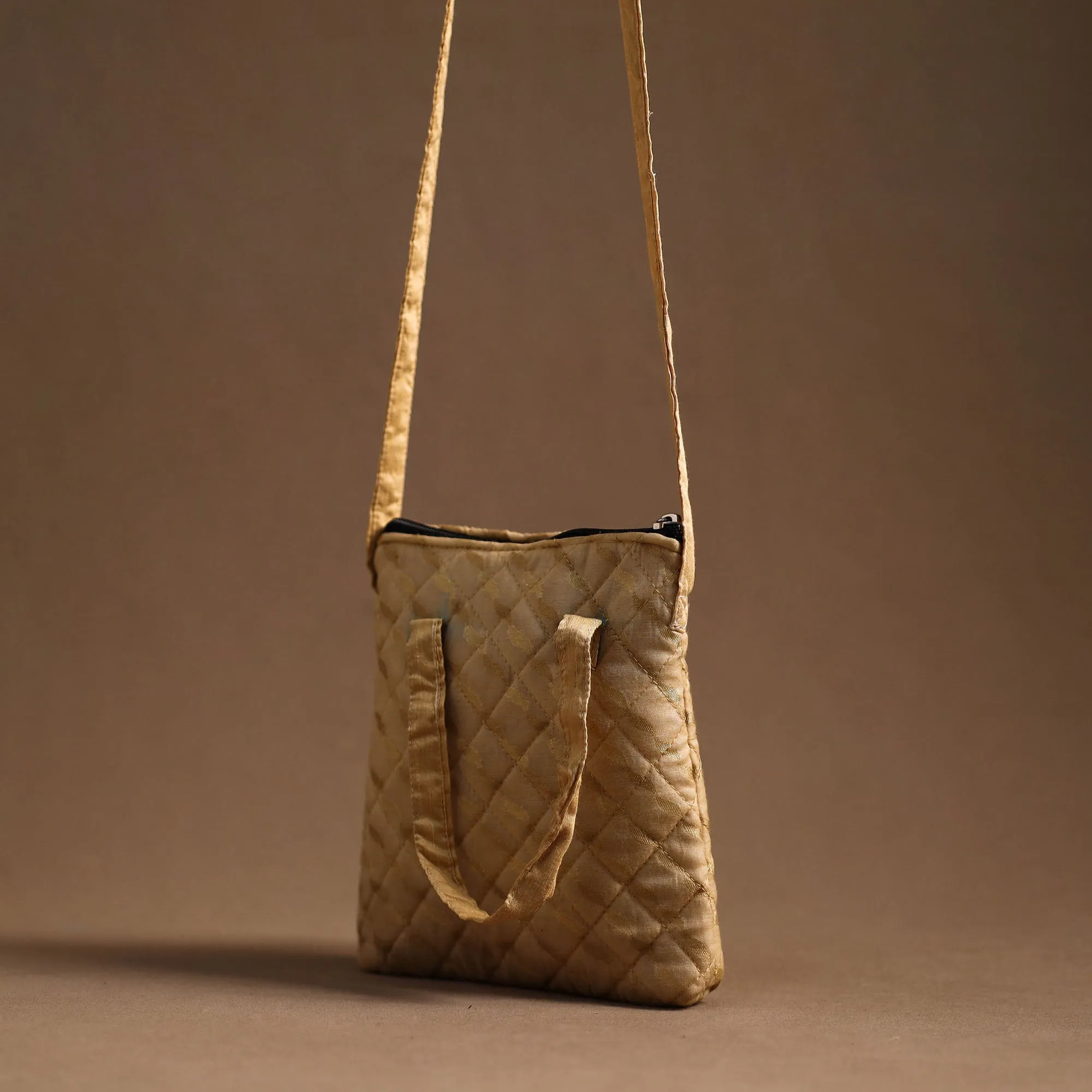 Beige - Handcrafted Quilted Silk Sling Bag 11