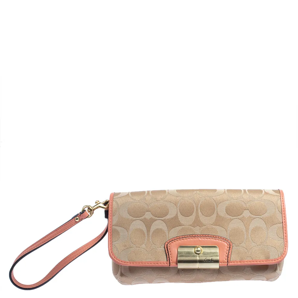 Beige/Orange Signature Canvas and Leather Wristlet Clutch