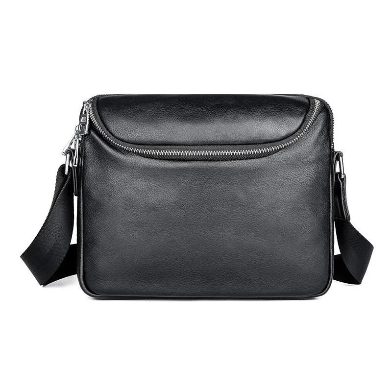 Black Cool Leather 10 inches Large Zipper Messenger Bag Handbag Shoulder Bag For Men