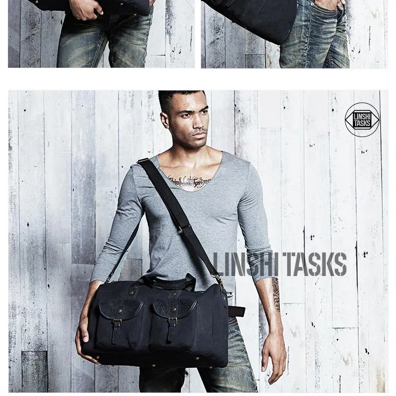 Black Fashion Canvas Mens Casual Large Travel Bag Shoulder Weekender Bag Duffle Bag For Men