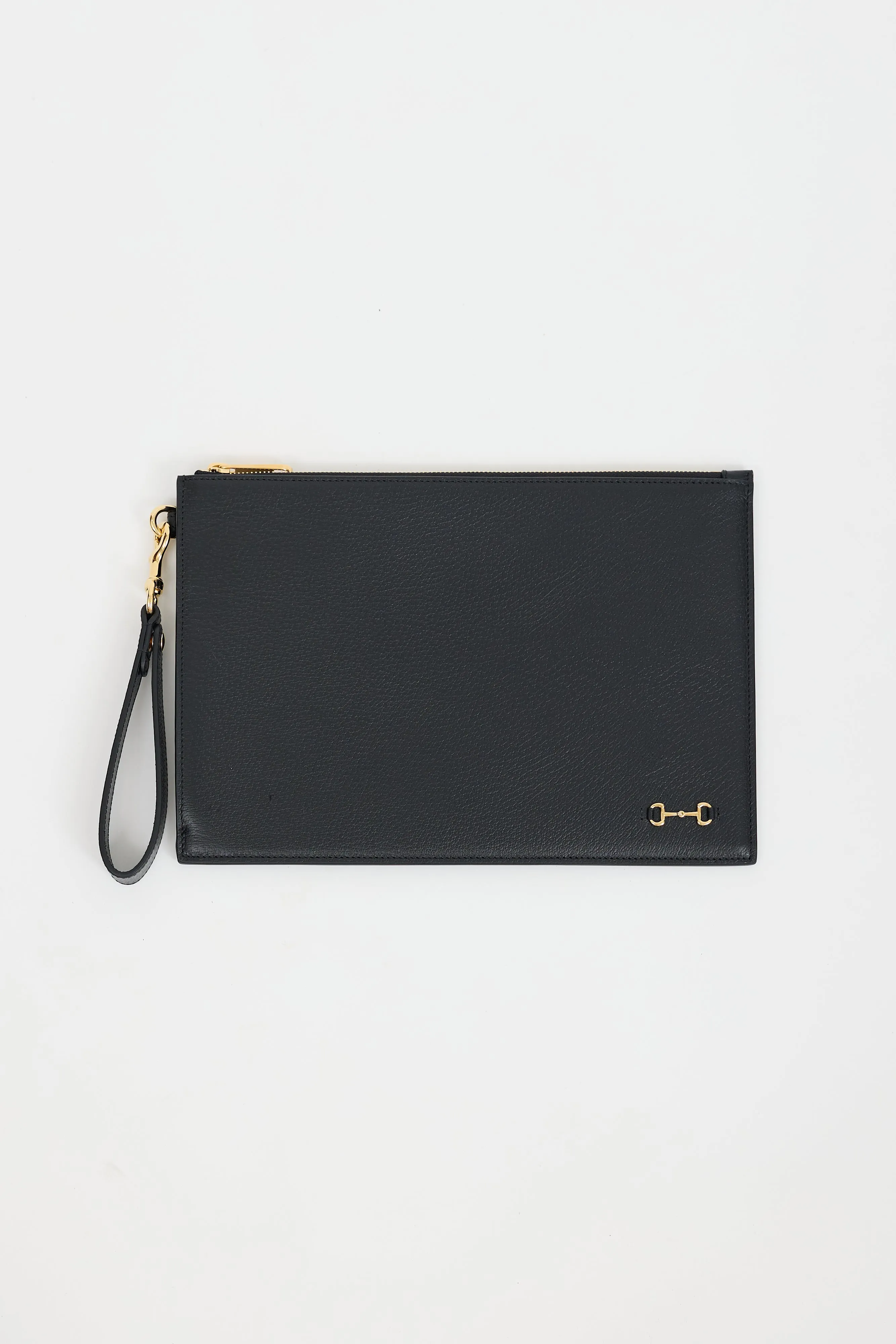 Black Leather & Gold Hardware Zip Pouch