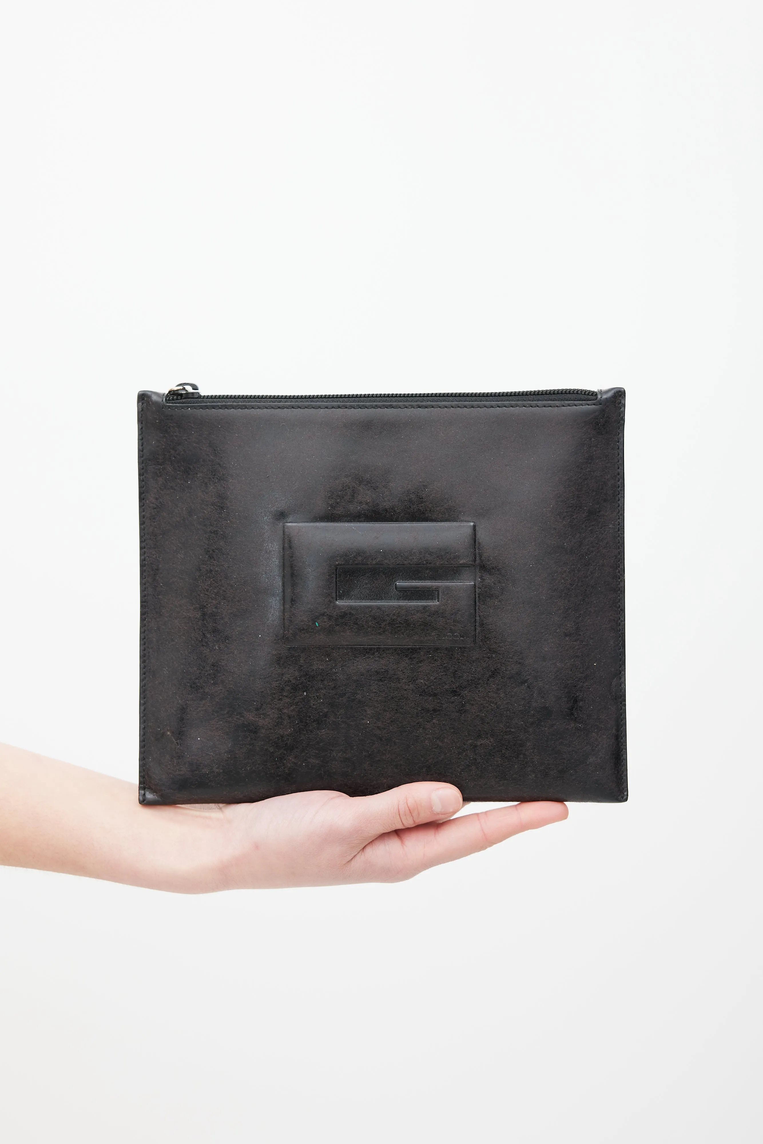 Black Leather Embossed Logo Pouch