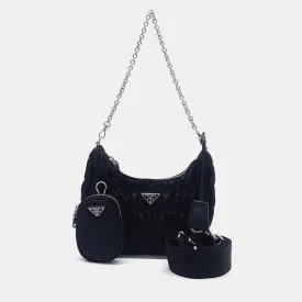 Black Nappa Gaufre Tessuto Chain Hobo Bag