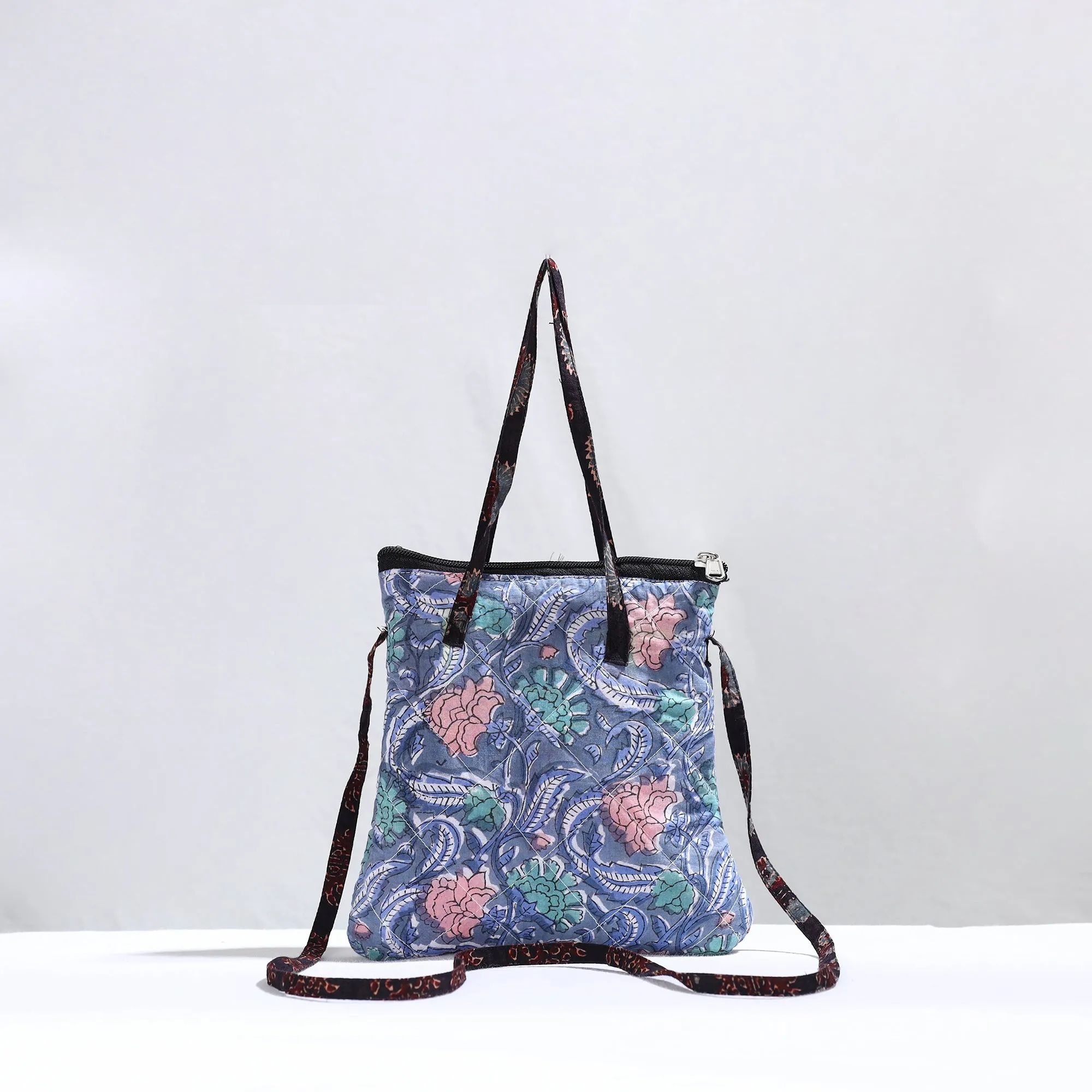 Blue - Handmade Quilted Cotton Sanganeri Block Printed Sling Bag 06