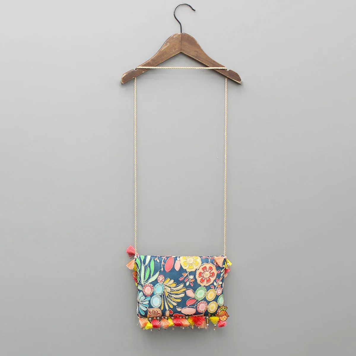 Blue Multicoloured Printed And Embroidered Sling Bag