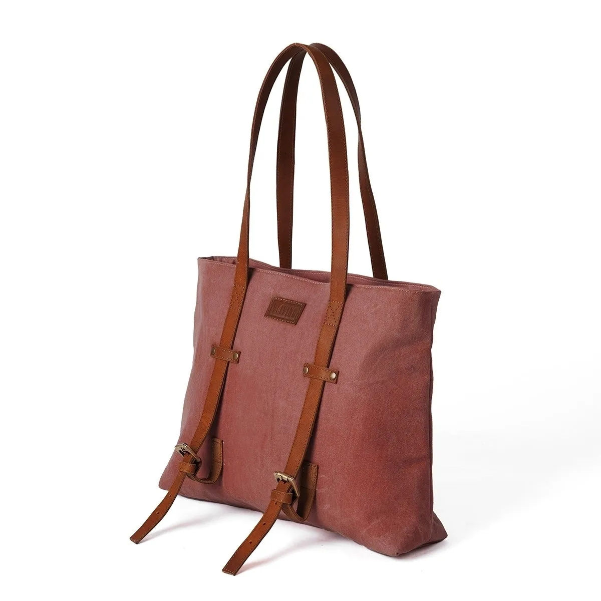 Brick Red waxed canvas yoga bag, gym bag, leather adjustable straps, 16X13X4 inches