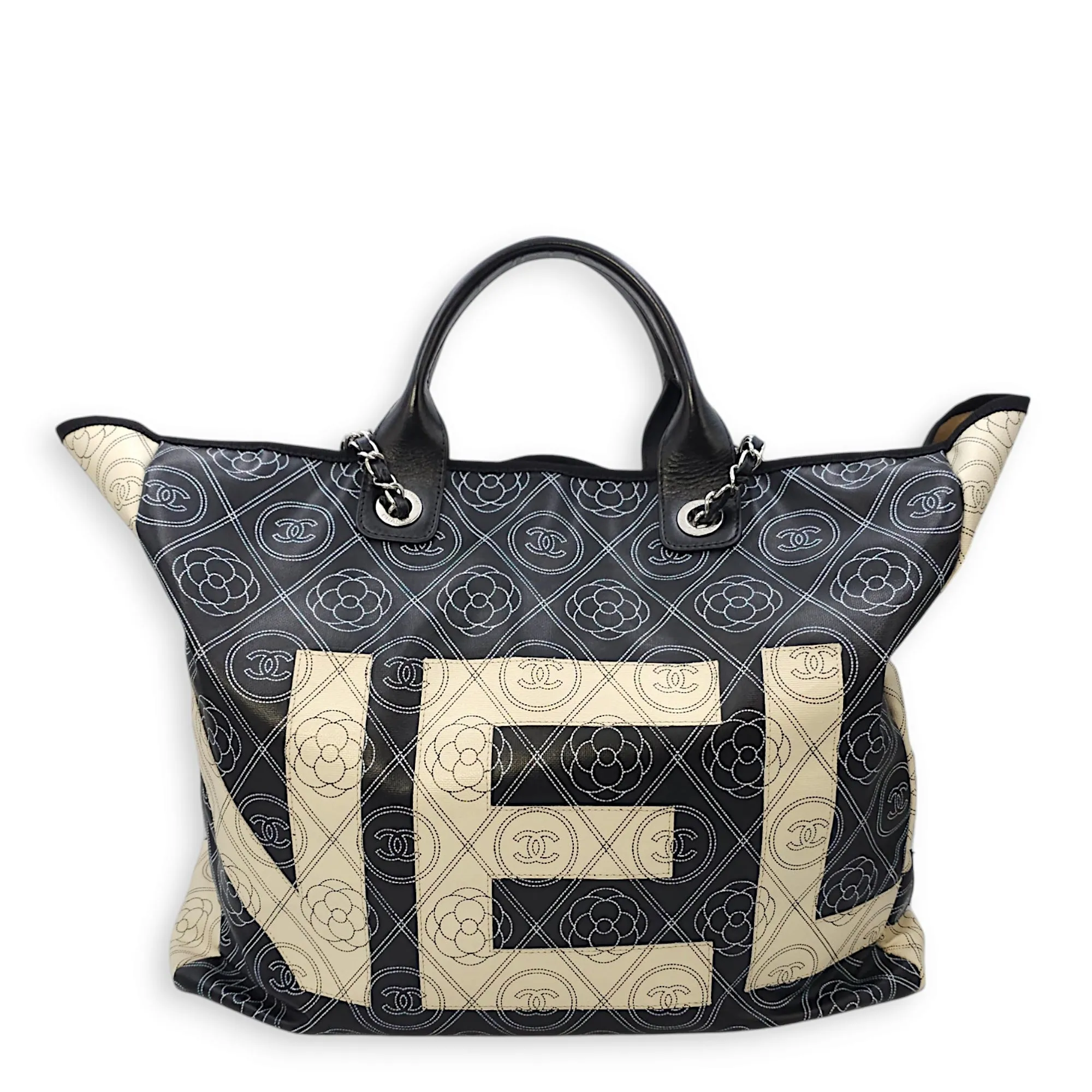 Camellia Logo Printed Deauville Black & cream Tote Bag in Coated Canvas, Silver hardware