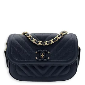 CC Flap Chevron Blue Crossbody Bag in Calfskin, Gold hardware