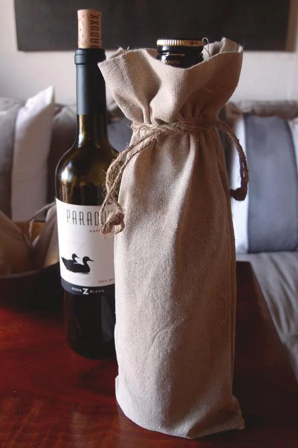 Cotton-Jute Natural Wine Bags with Drawstrings Closure - Single Bottle