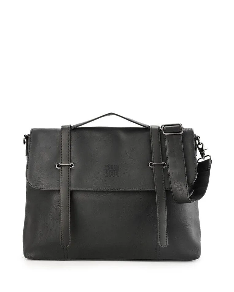 Distressed Leather Commuter Messenger Bag - Black