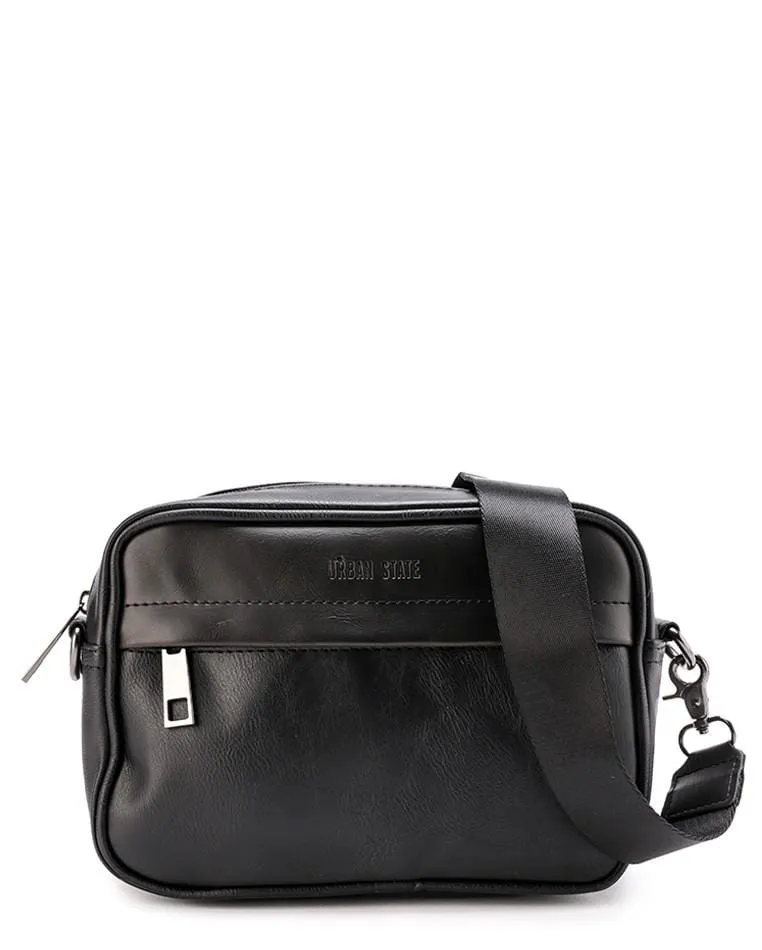 Distressed Leather Zipper Crossbody Bag - Black