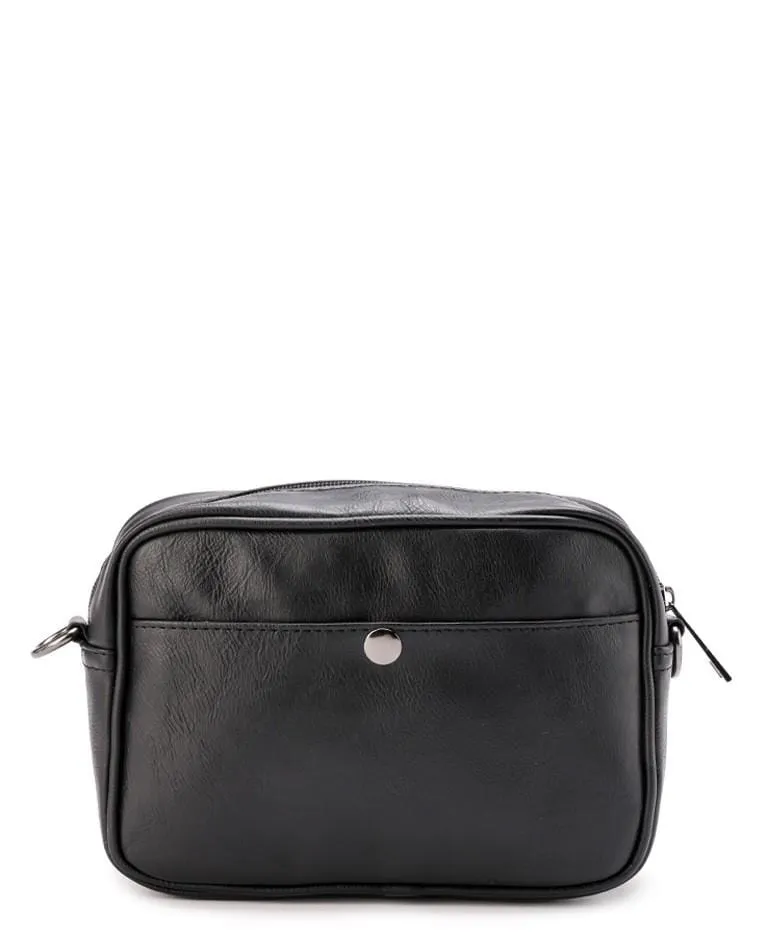 Distressed Leather Zipper Crossbody Bag - Black