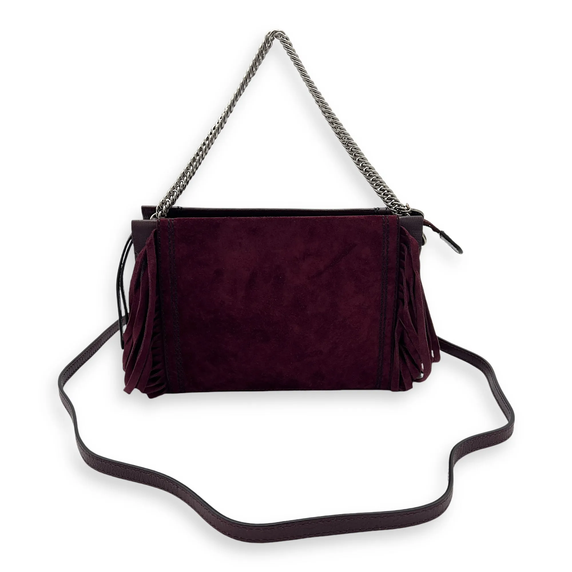 Fringe Purple Crossbody Bag in Suede Leather, Silver hardware