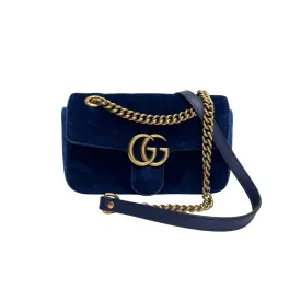 GG Marmont Mini Blue Crossbody Bag in Velvet, Gold hardware