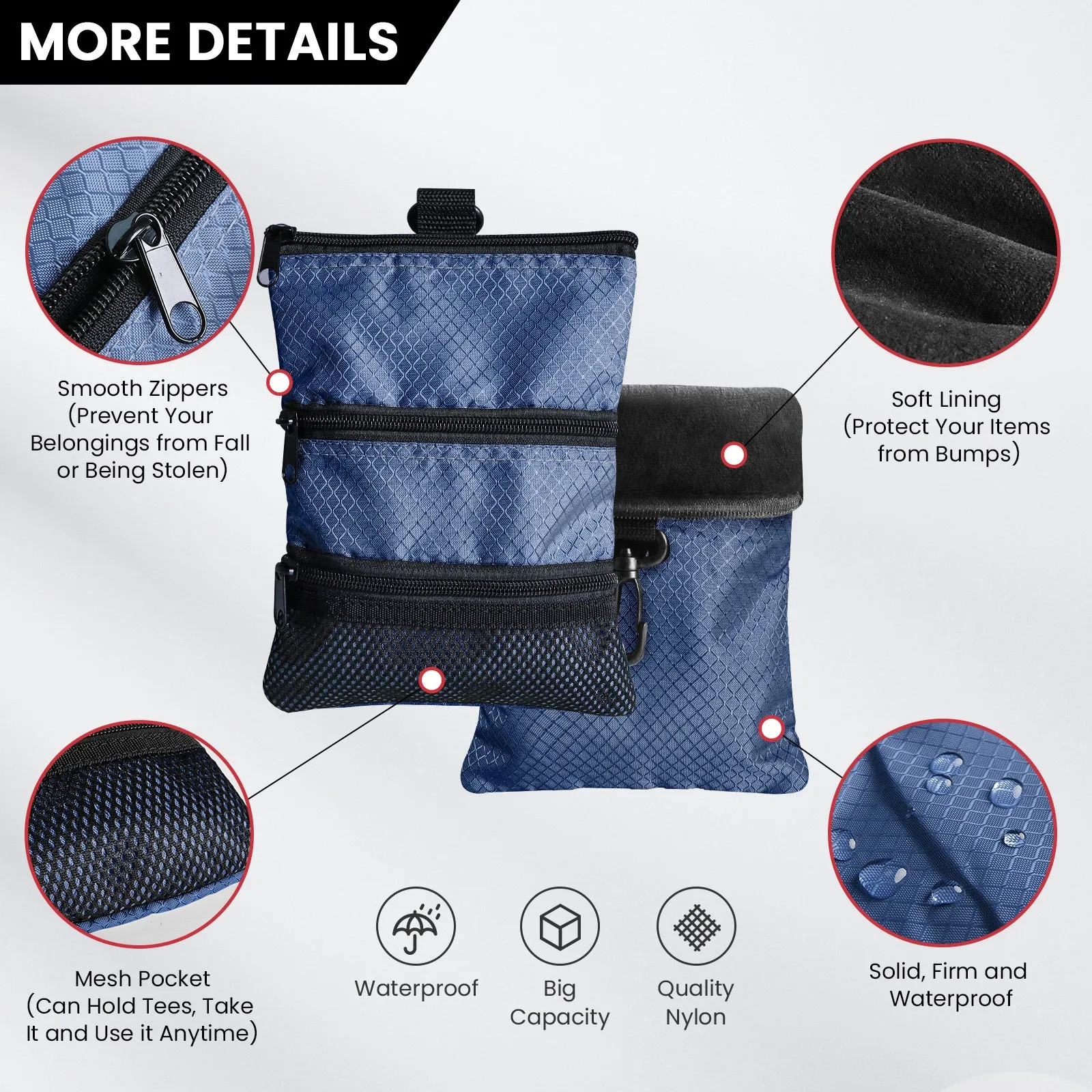 Golf valuables Pouch, Zipper Golf Ball Bag with 3 Pockets