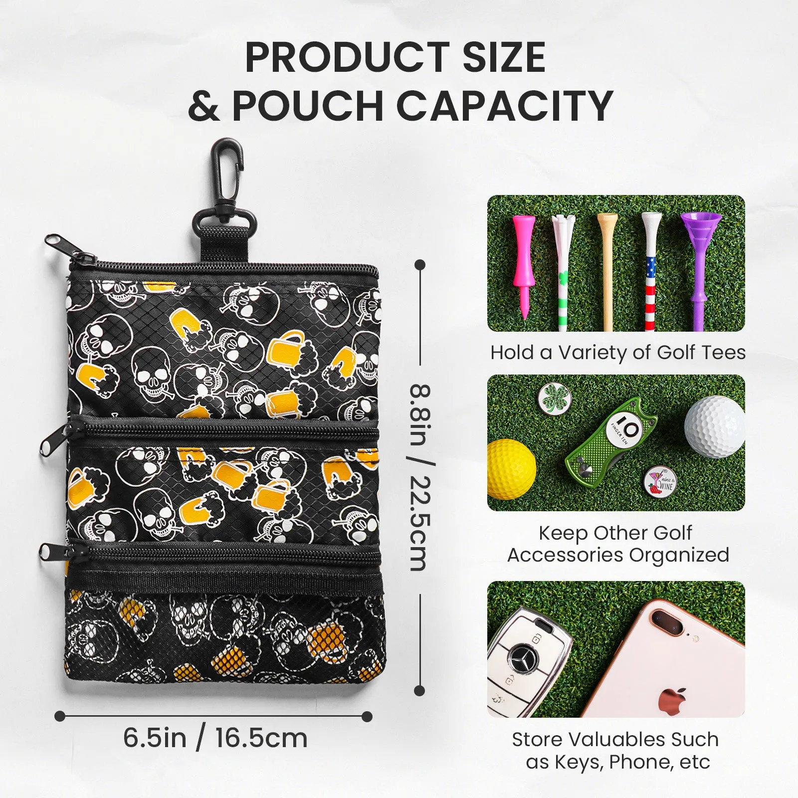 Golf valuables Pouch, Zipper Golf Ball Bag with 3 Pockets