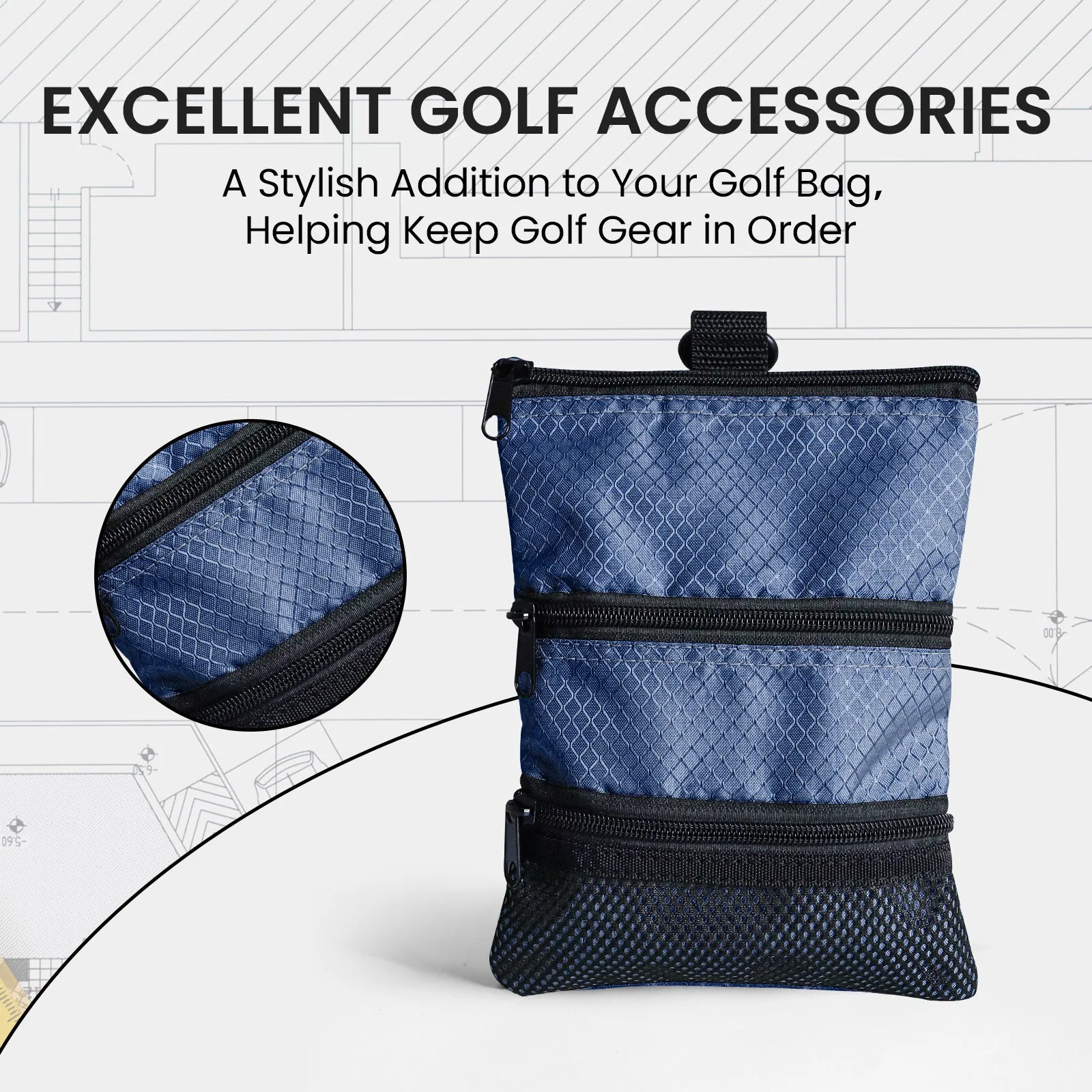 Golf valuables Pouch, Zipper Golf Ball Bag with 3 Pockets