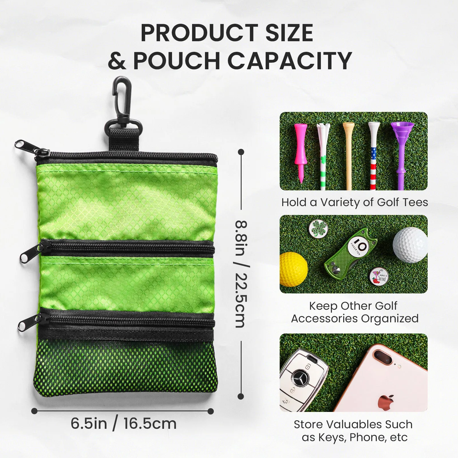 Golf valuables Pouch, Zipper Golf Ball Bag with 3 Pockets