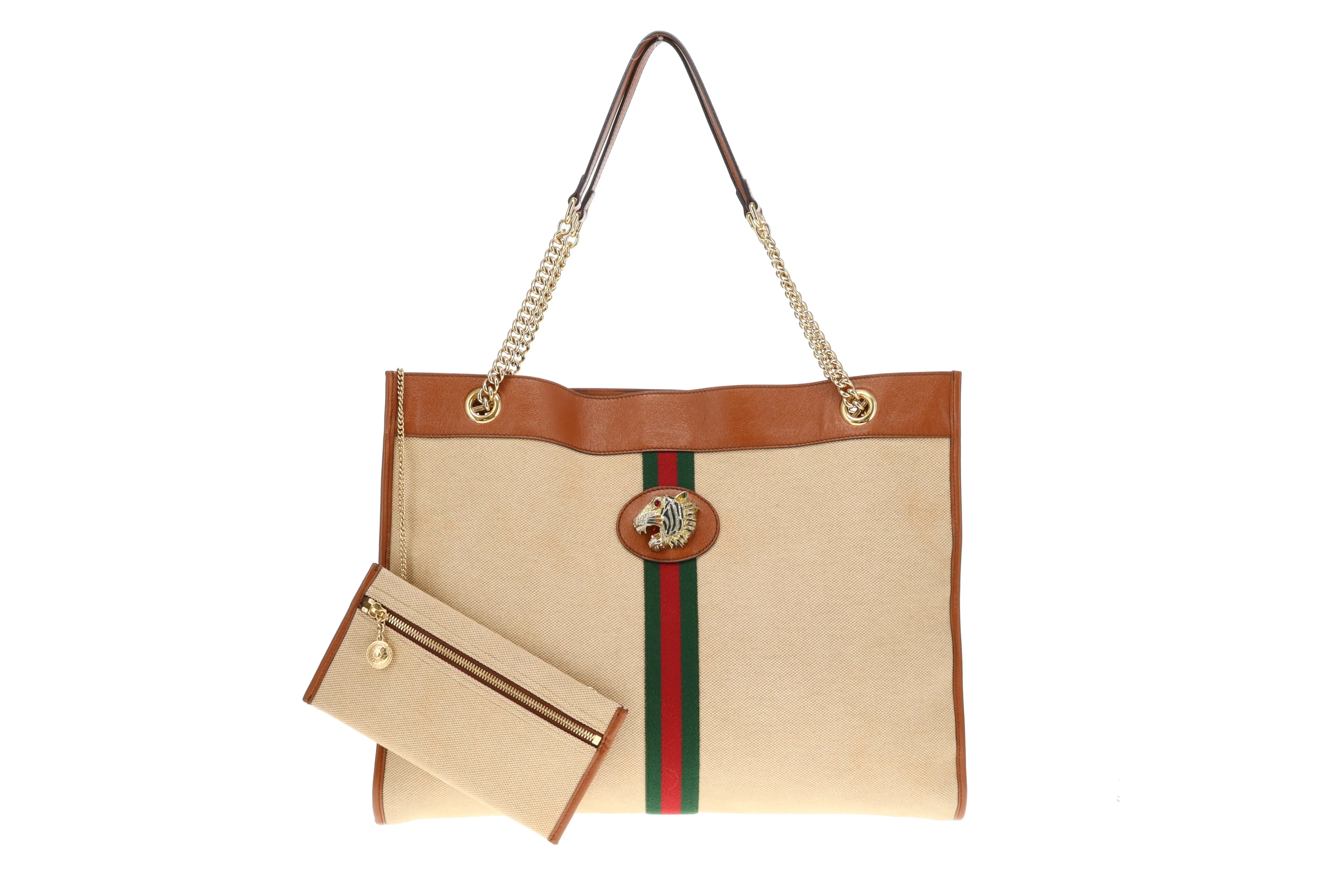 Gucci Canvas and Tan Leather Rajah Tote Bag with Pochette