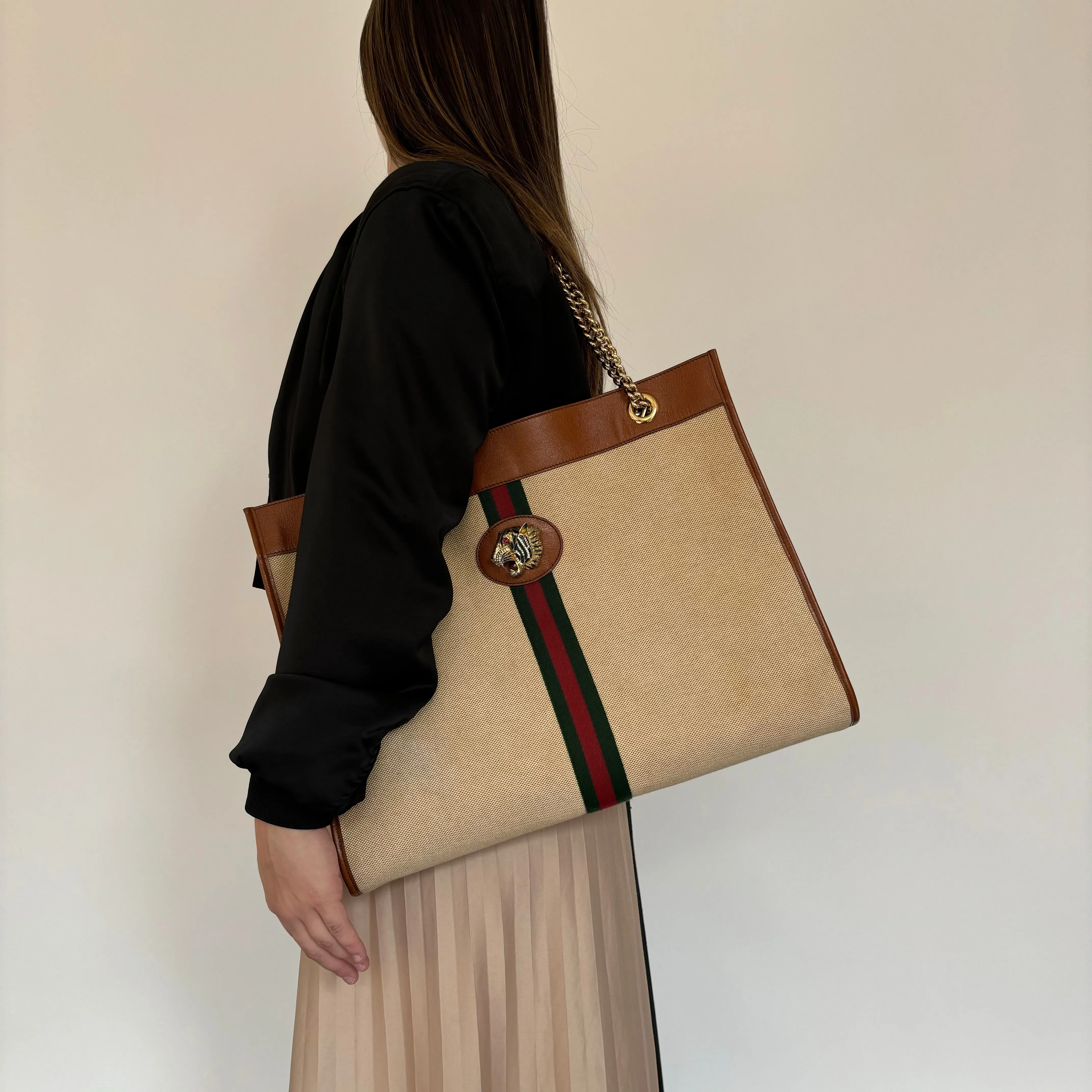 Gucci Canvas and Tan Leather Rajah Tote Bag with Pochette