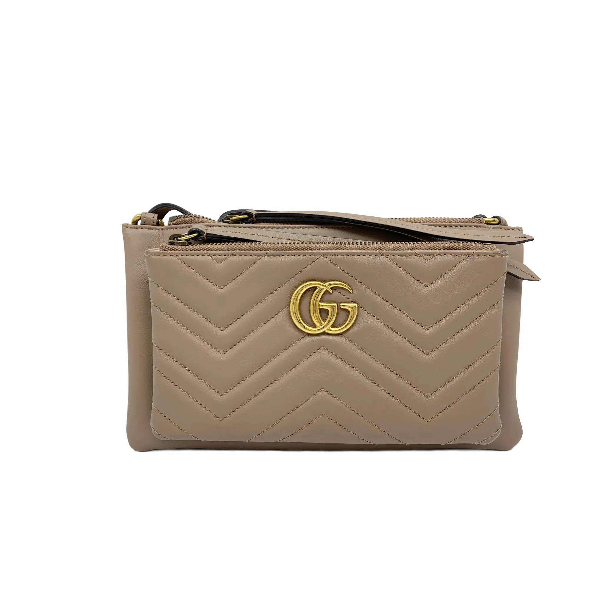 Gucci Marmont Gg Chain Matelasse Quilted Detachable Pouch Beige Leather