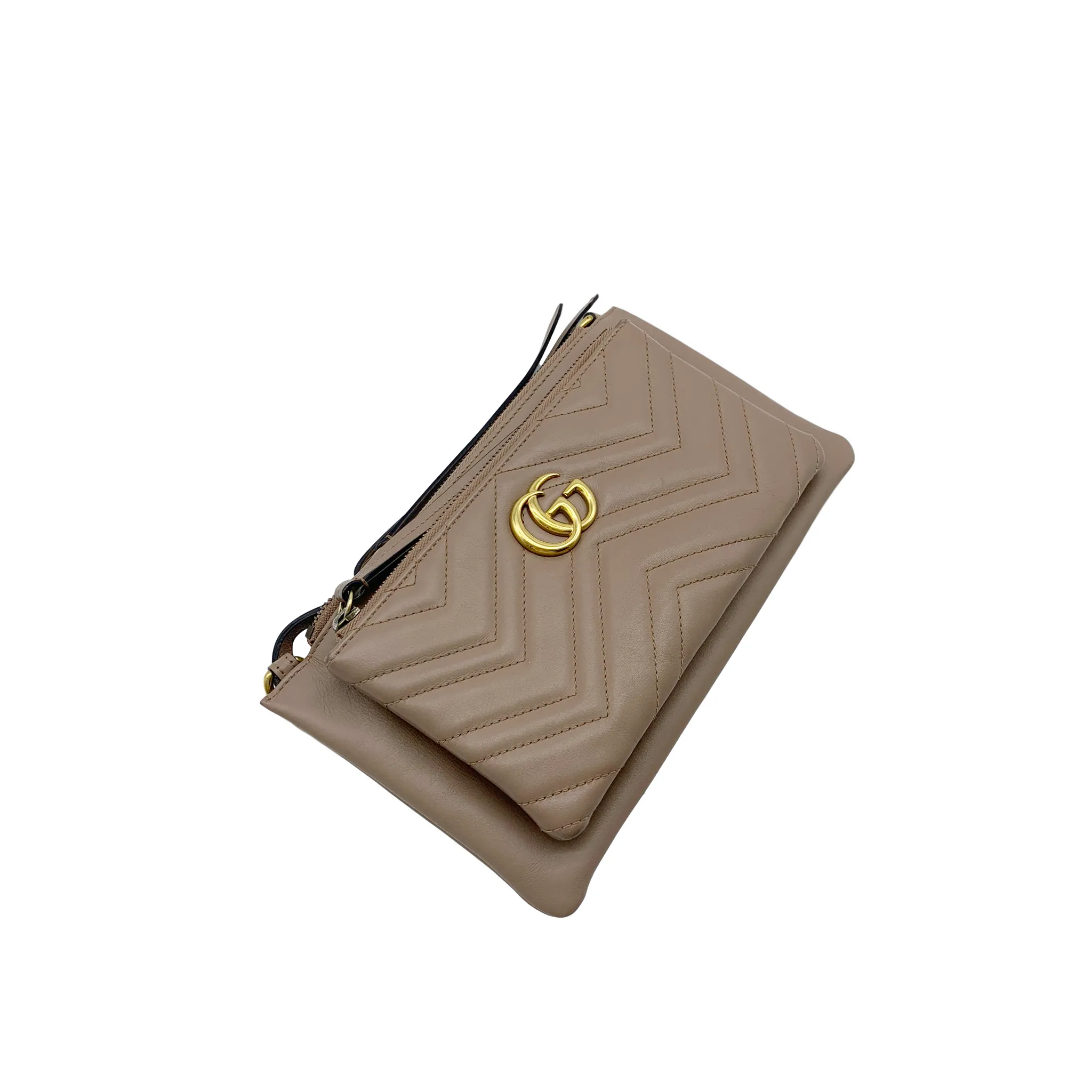 Gucci Marmont Gg Chain Matelasse Quilted Detachable Pouch Beige Leather