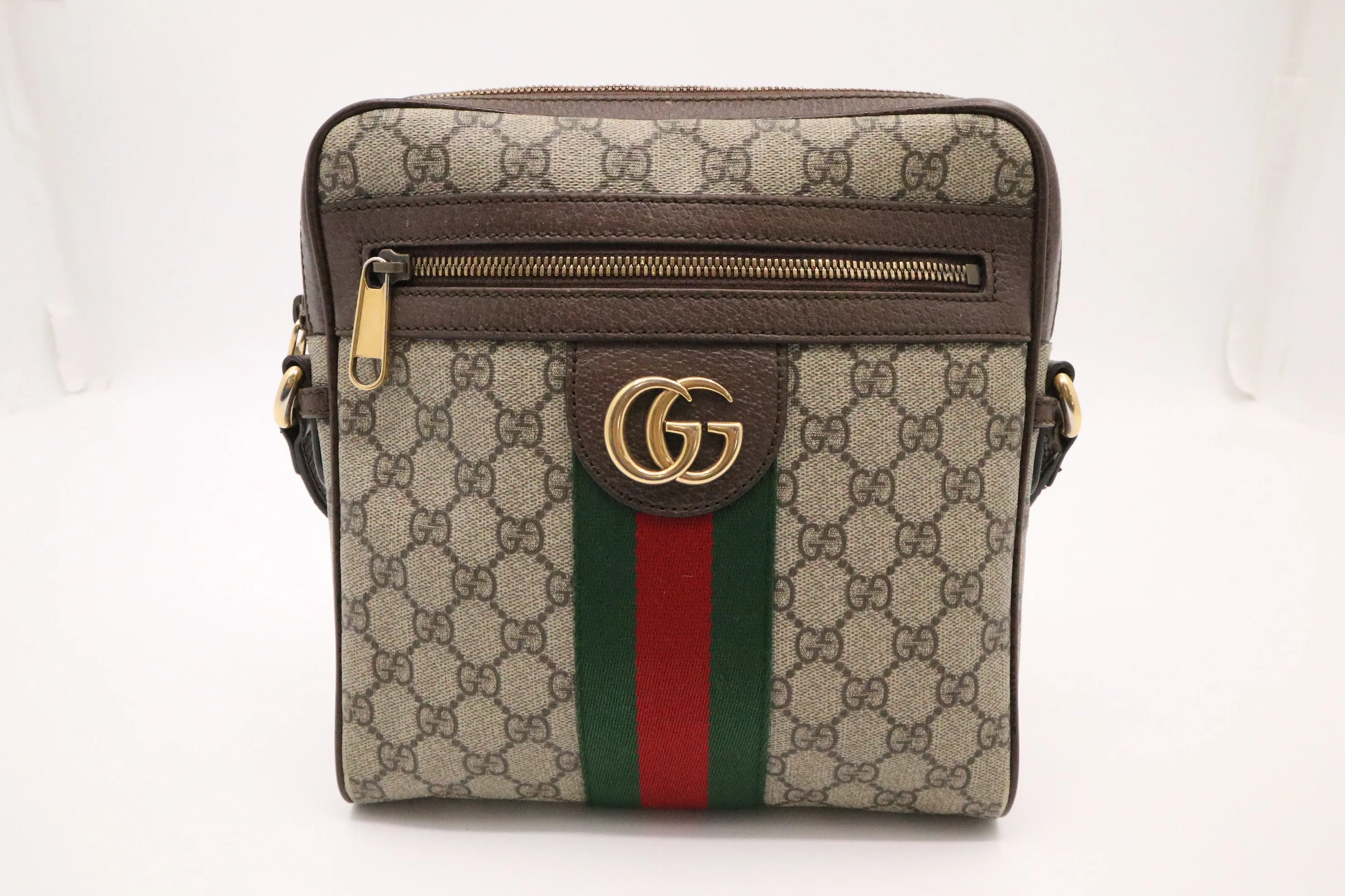 Gucci Ophidia Crossbody Bag in Brown Leather and Beige MG Canvas