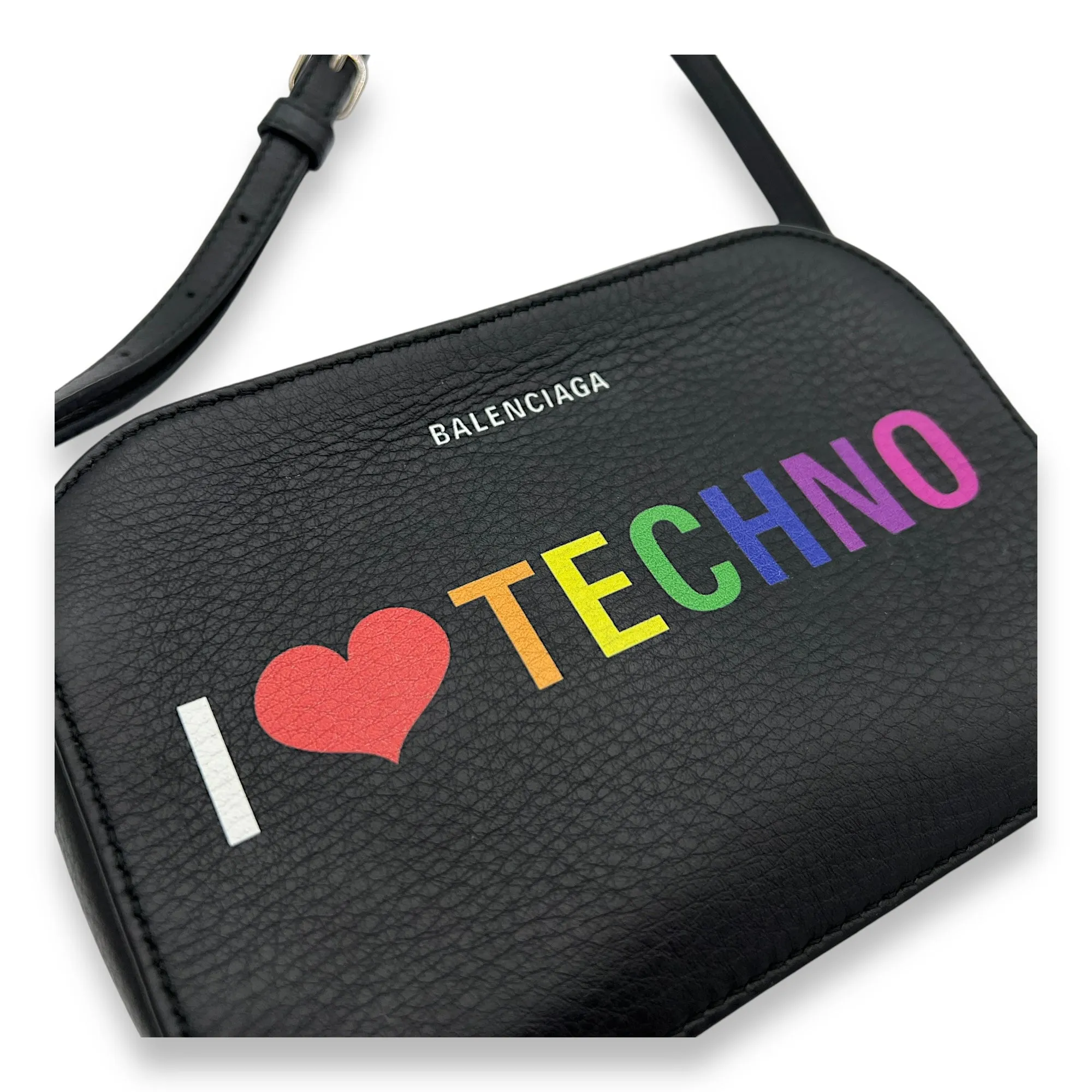 I Love Techno XS Everyday Camera Black Crossbody Bag in Calfskin, Silver hardware