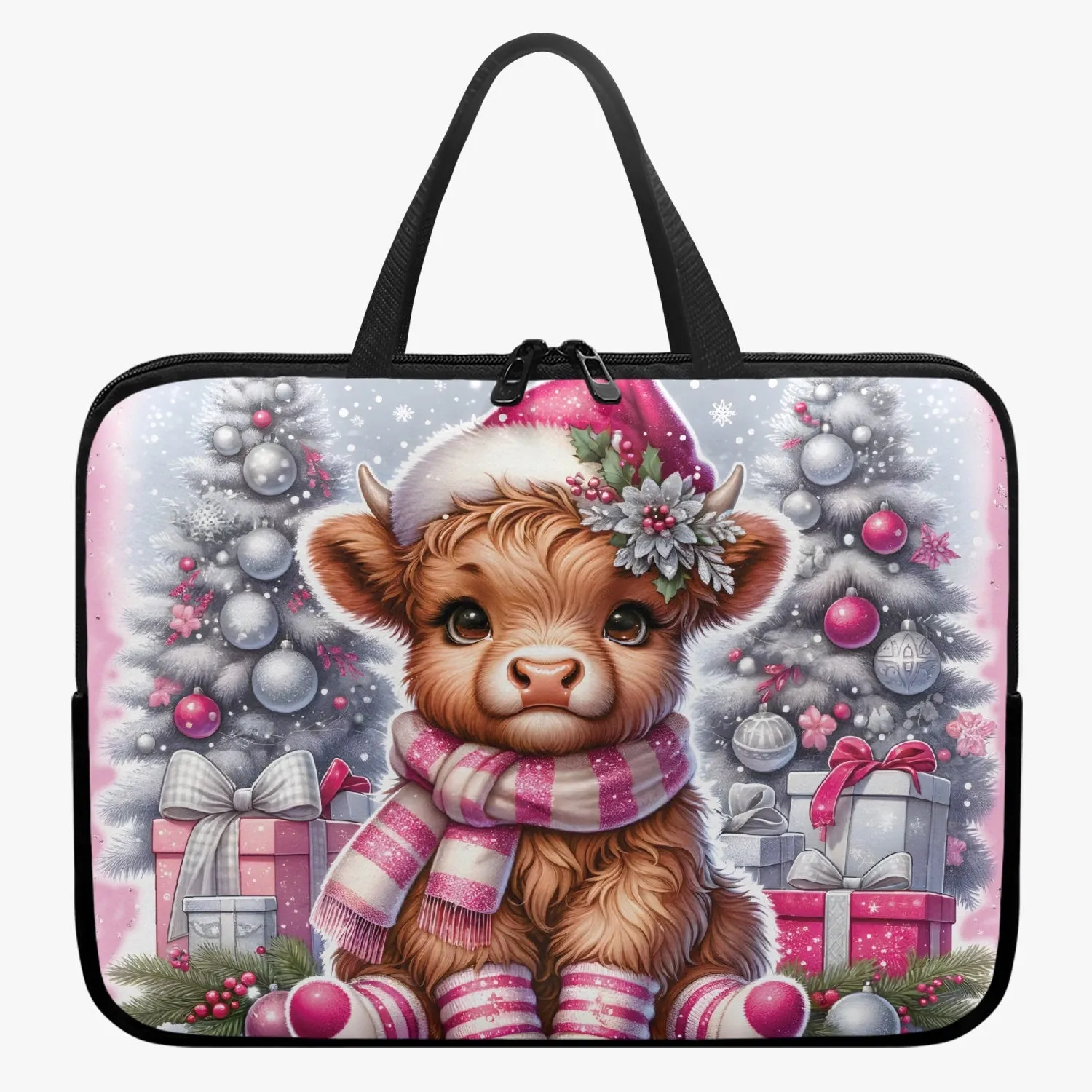 Laptop Sleeve with Handles - Christmas - Highland Cow