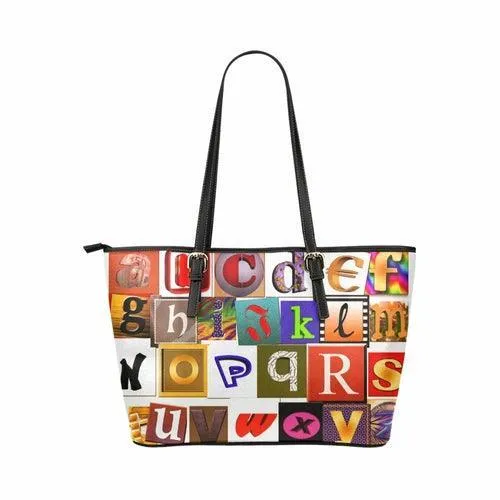 Large Leather Tote Shoulder Bag - White Alphabet Pattern B3558224