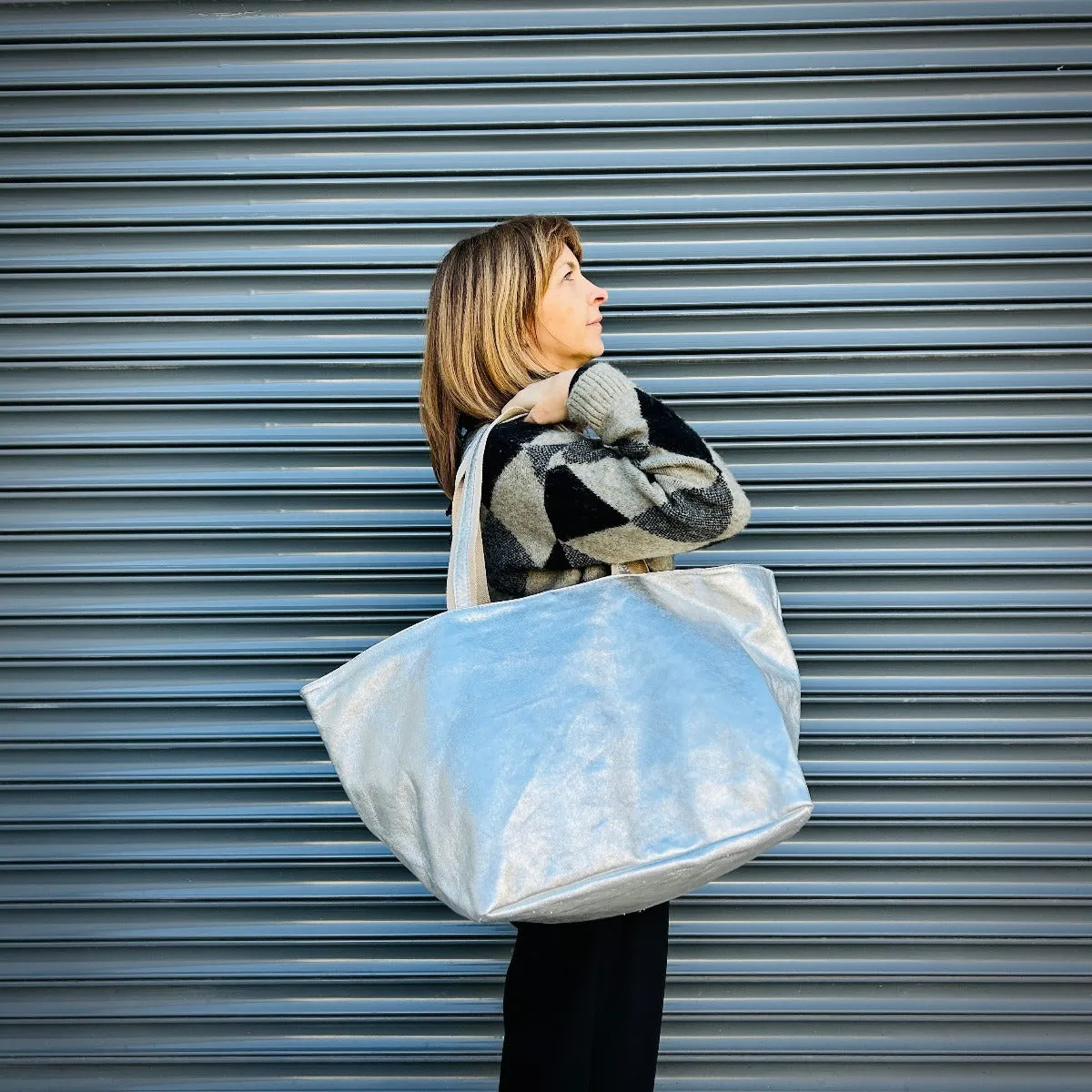 Large Weekender Leather Bag Silver