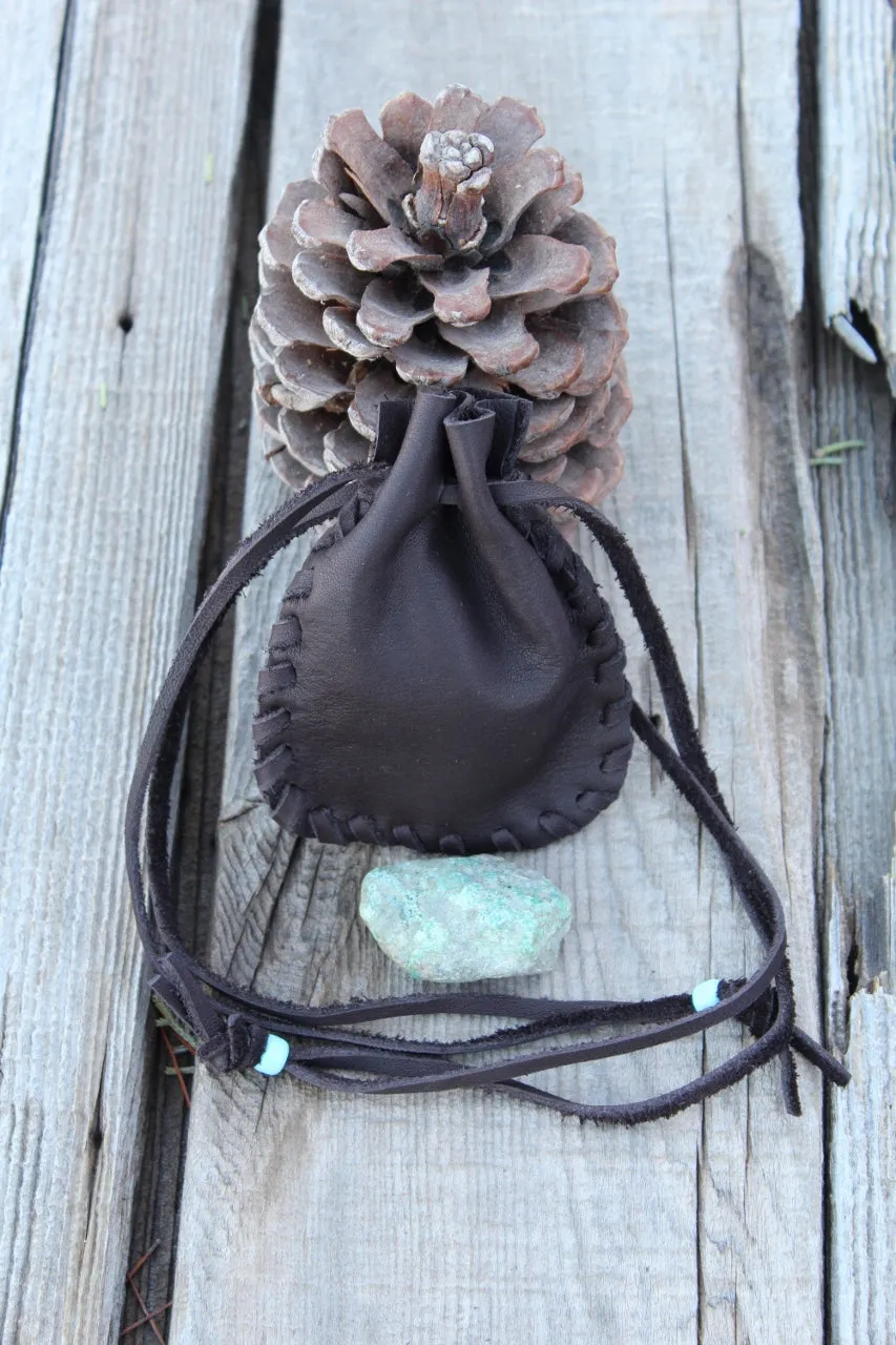 Leather drawstring pouch, brown leather crystal pouch, amulet bag