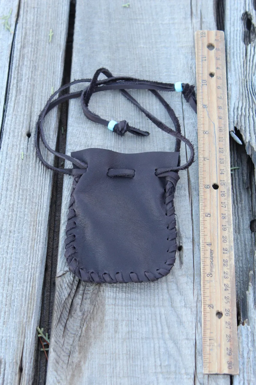 Leather drawstring pouch, brown leather crystal pouch, amulet bag