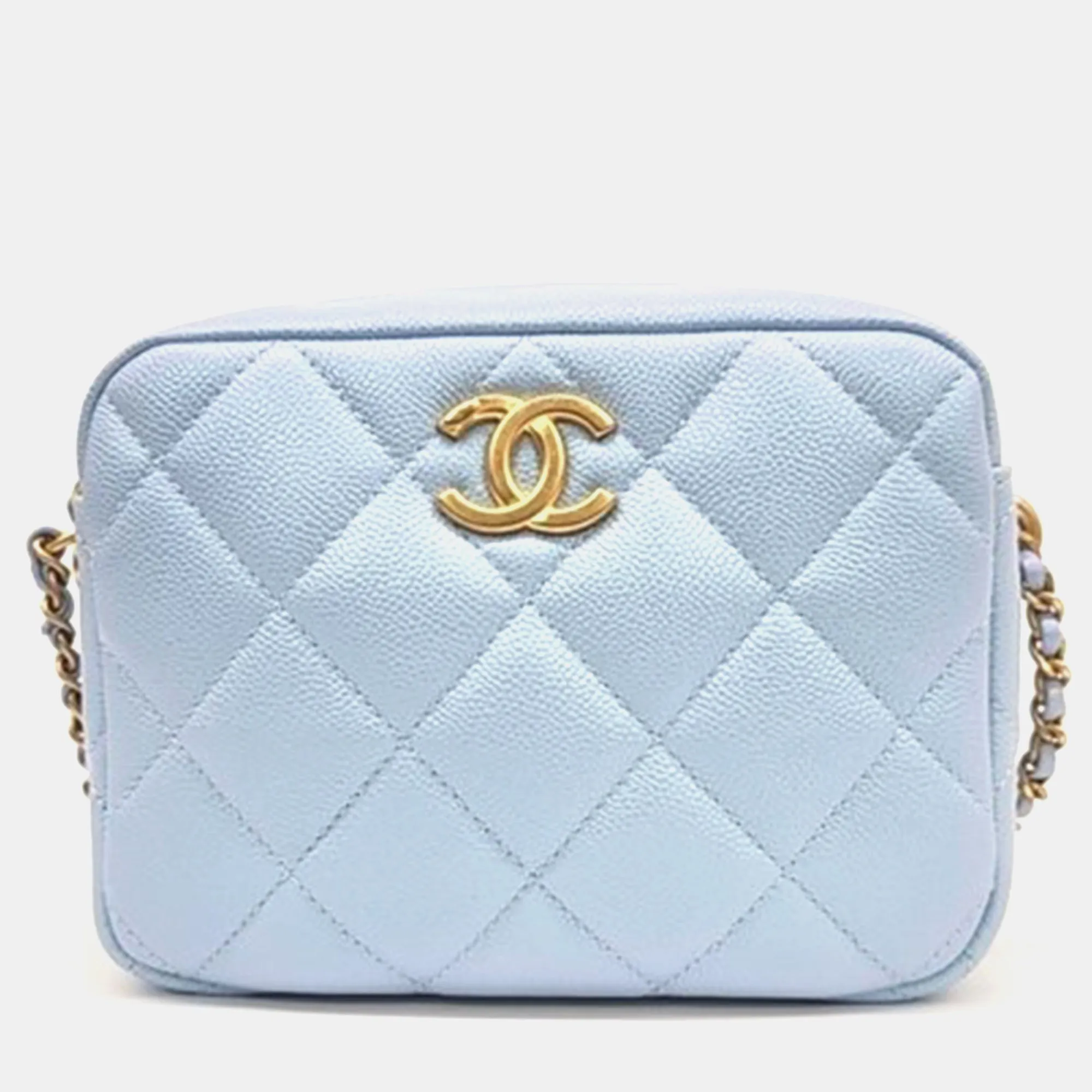 Light Blue Iridescent Caviar Mini Camera Bag