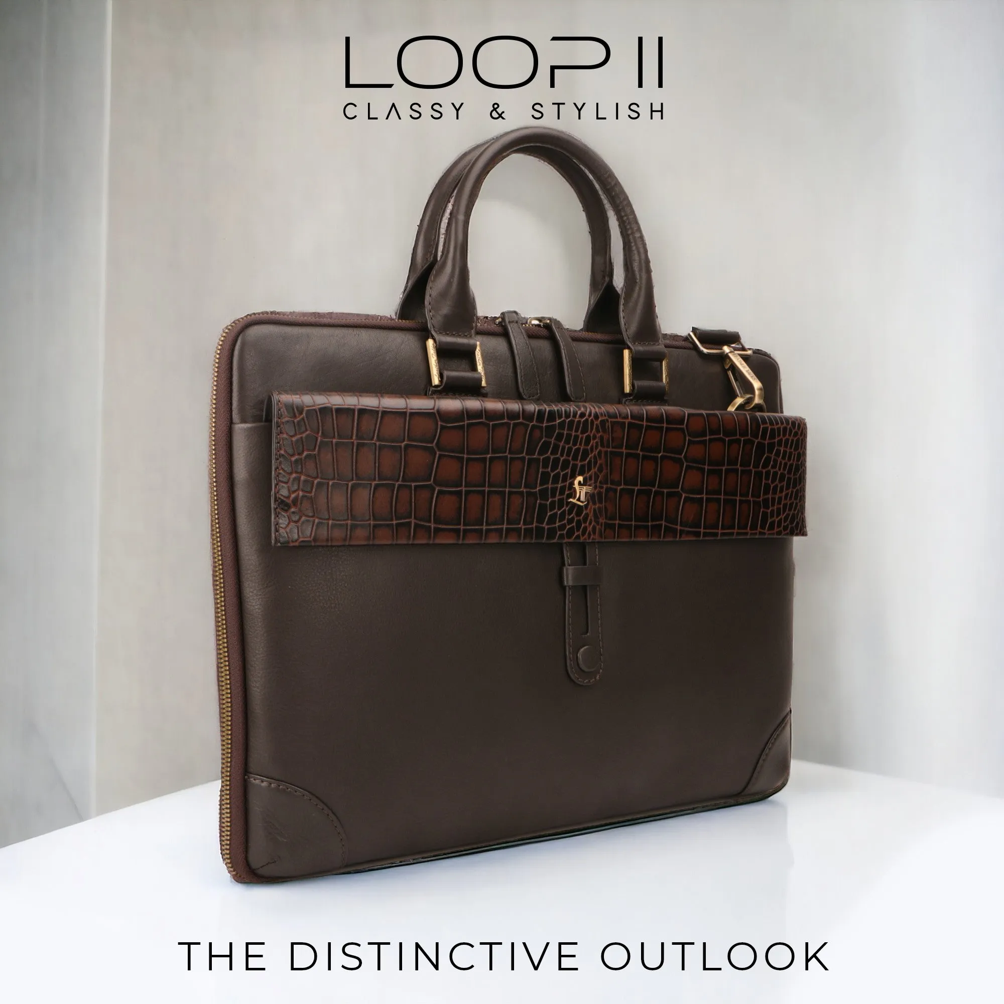 Loop II Pure Leather Laptop Bag for Men | Folio Bag | Deep cut Croco Embossed Genuine Leather | Office Bag | Brown & Black