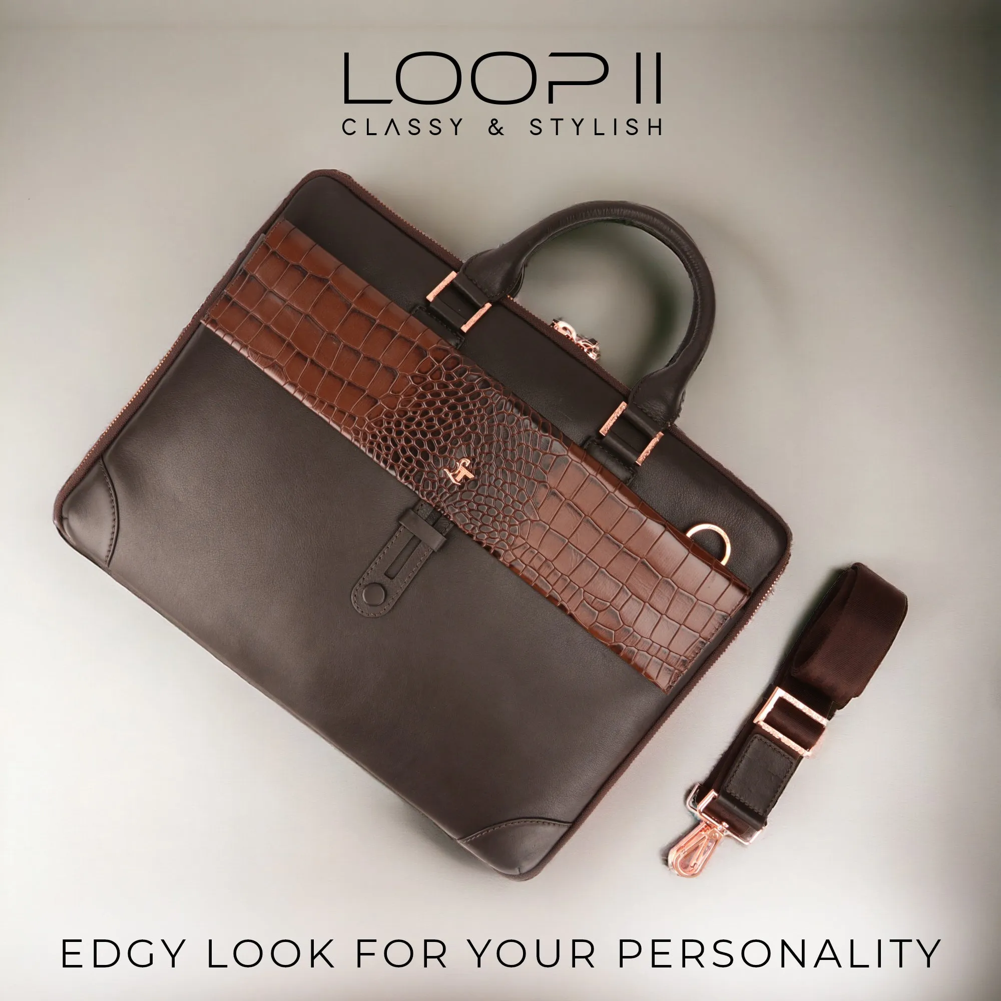 Luxury Corporate Diwali Gift | Loop II Rose Gold Fitting Leather Laptop Bag for Men | Brown