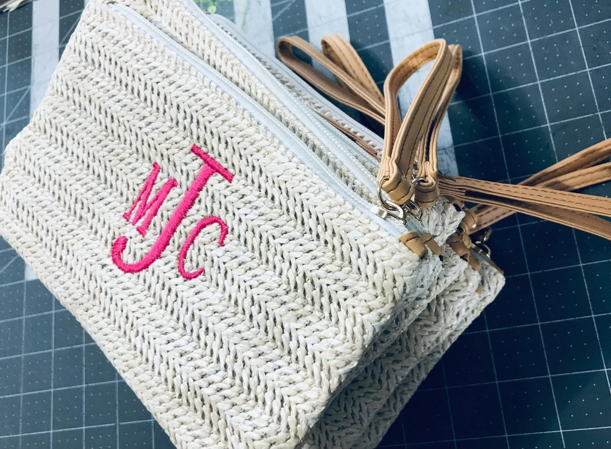 Monogram Small Straw Summer Wristlet Clutch Purse Wallet Gift