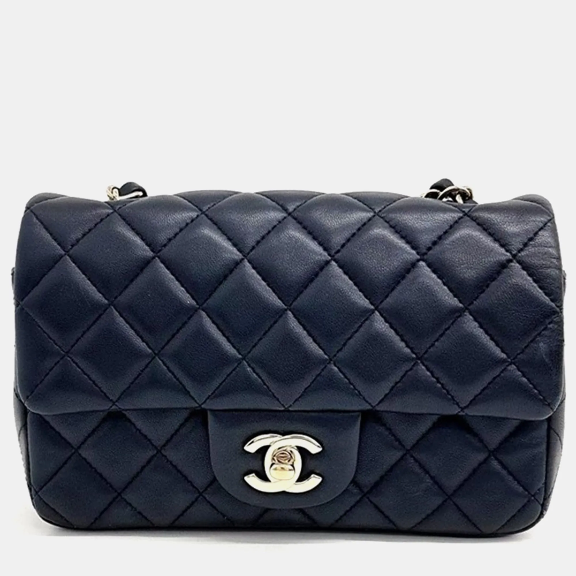 Navy Blue Leather Mini Rectangular Classic Flap Bag