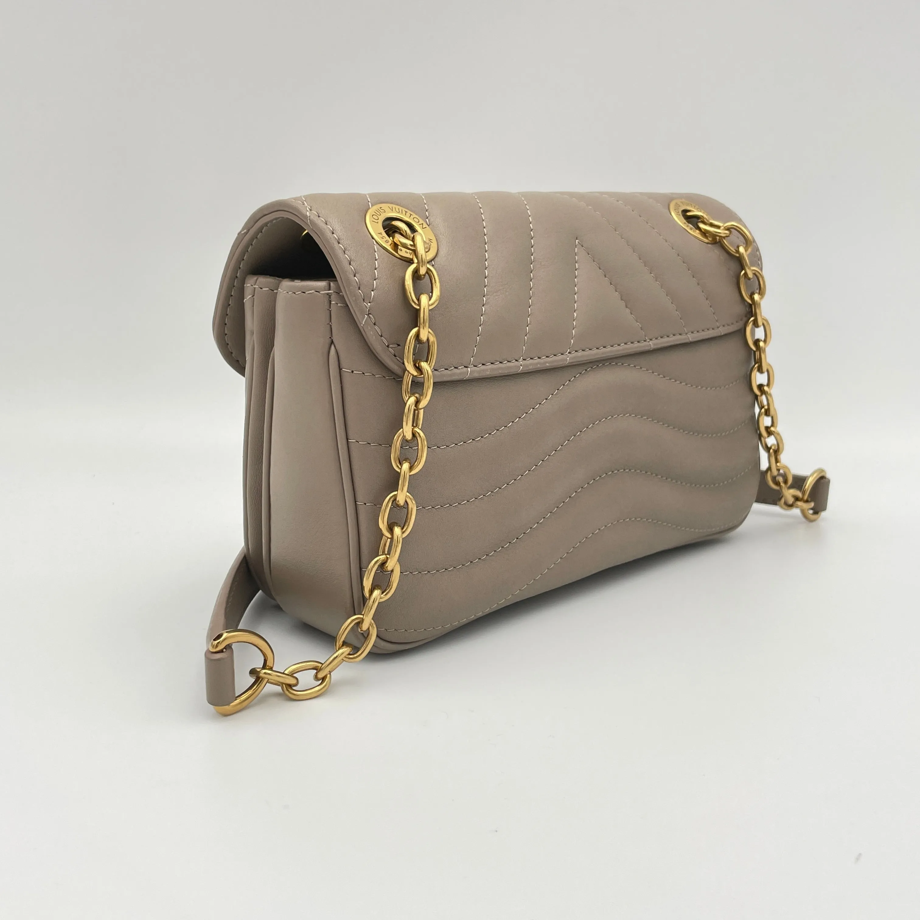 New Wave PM Beige Crossbody Bag in Calfskin, Gold hardware