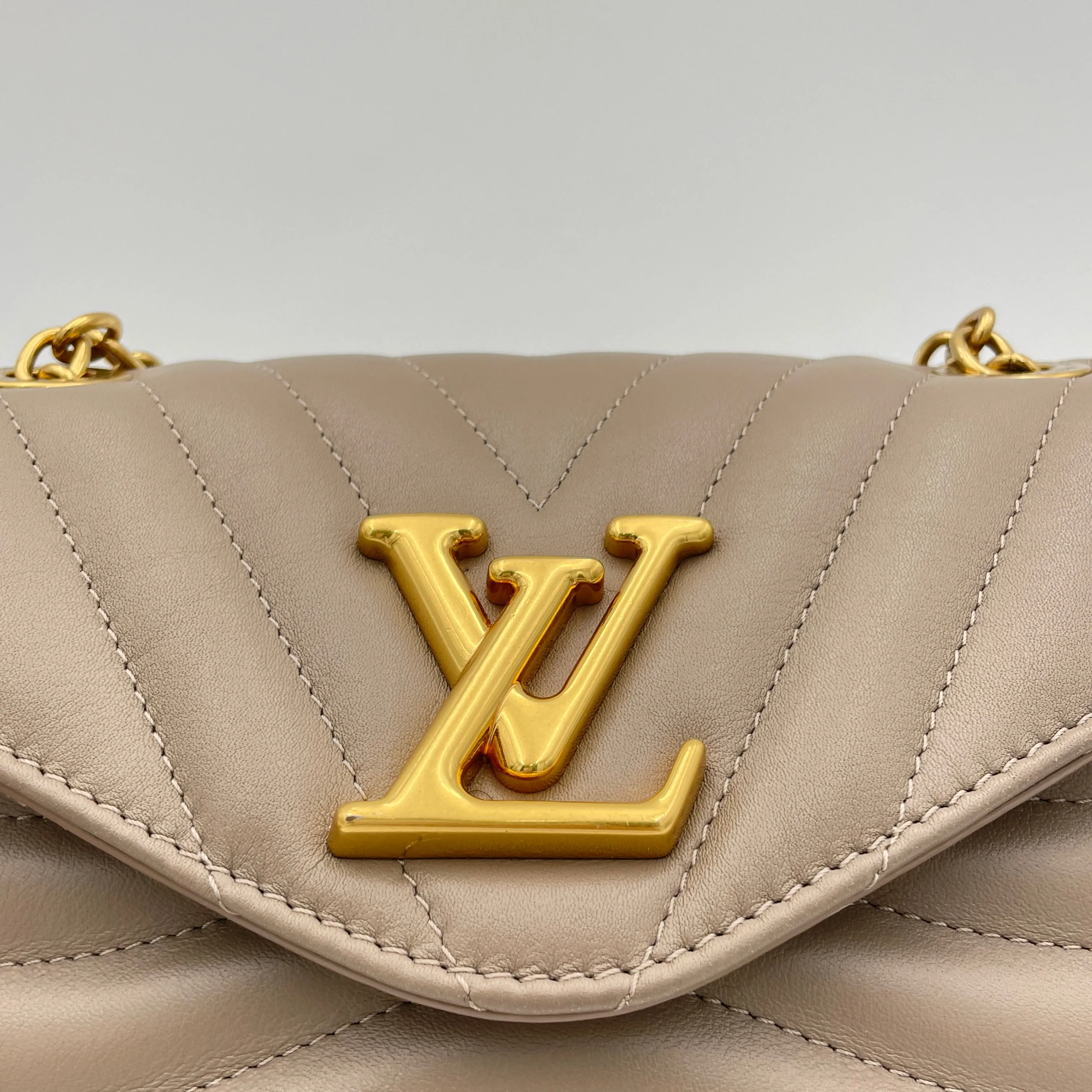 New Wave PM Beige Crossbody Bag in Calfskin, Gold hardware