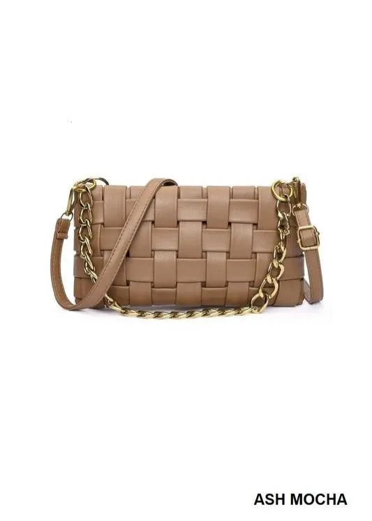 Soft Vegan Leather Woven Shoulder & Crossbody Bag in Ash Mocha