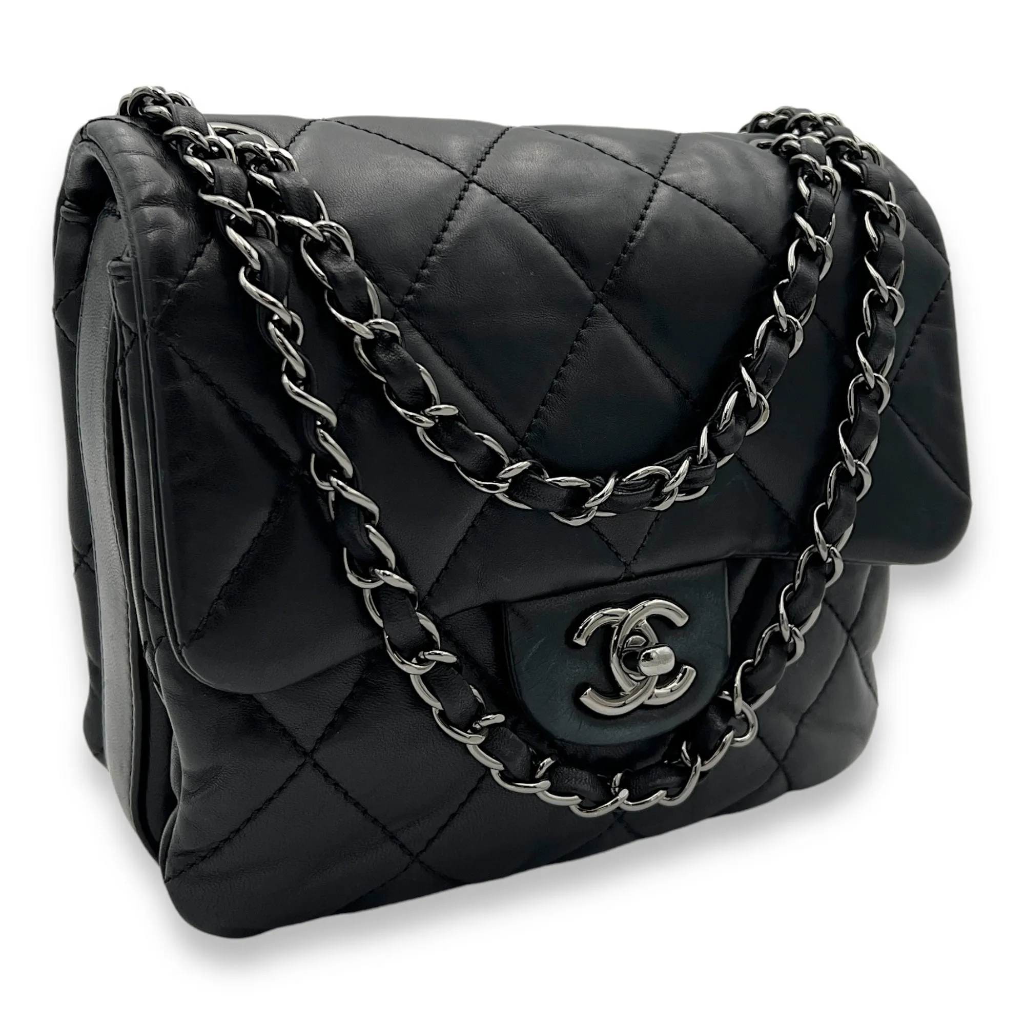 Square Bag Crossbody Bag Black in Lambskin, Silver hardware