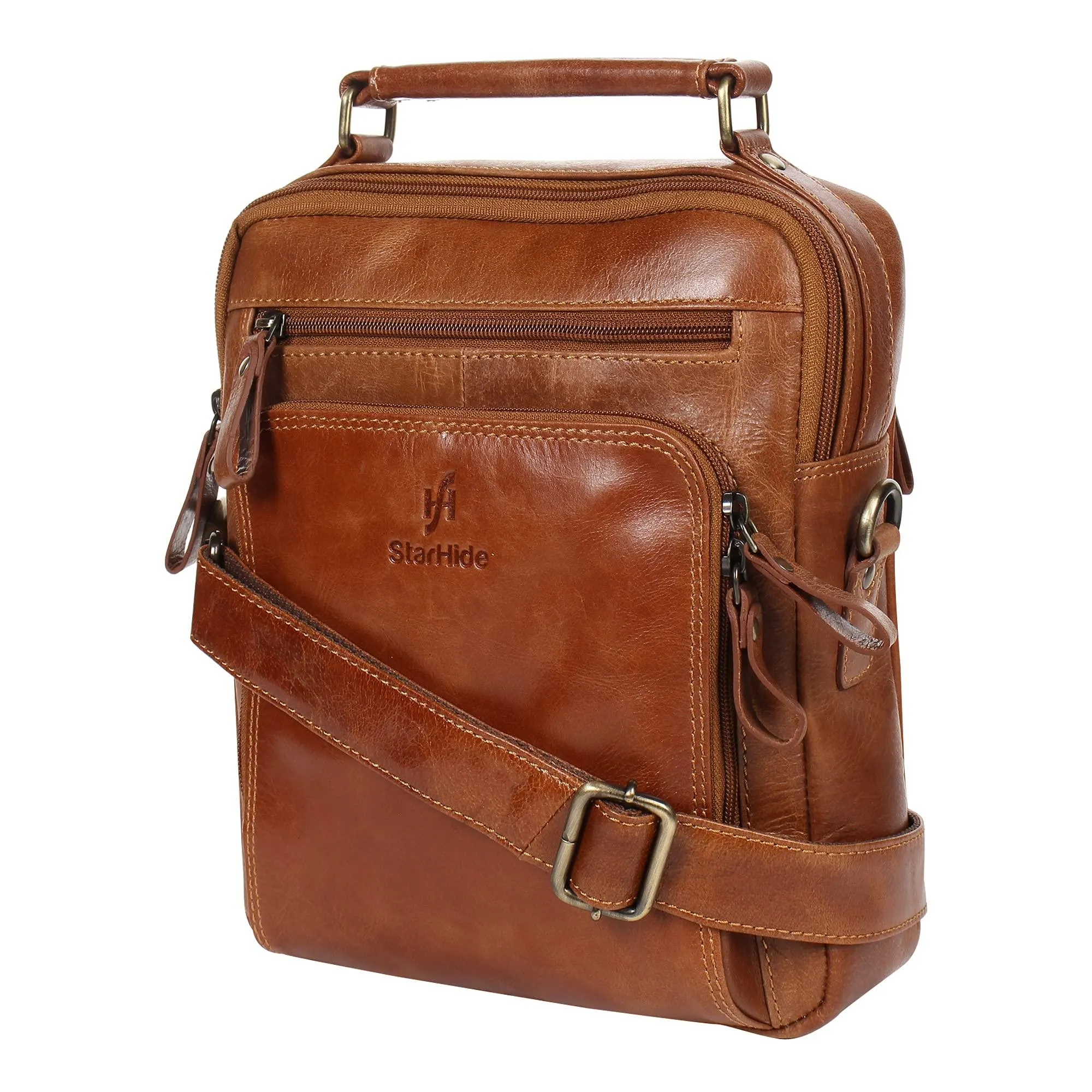 STARHIDE Mens Womens Oil Tanned Genuine Leather Travel Messenger Bag For Ipad Tablet 575 (Tan)