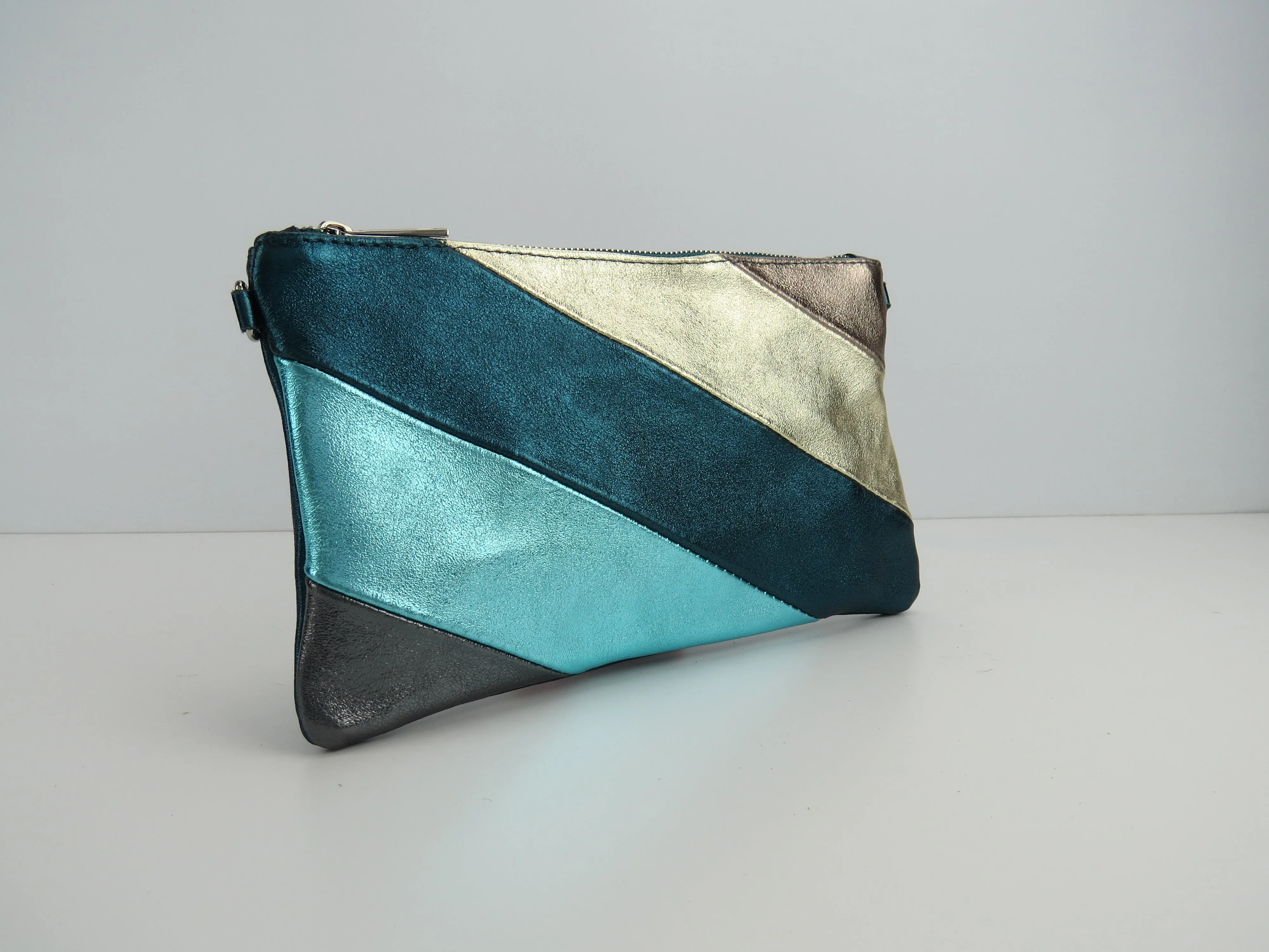 Teal Gold Retro-Stiped Clutch Bag