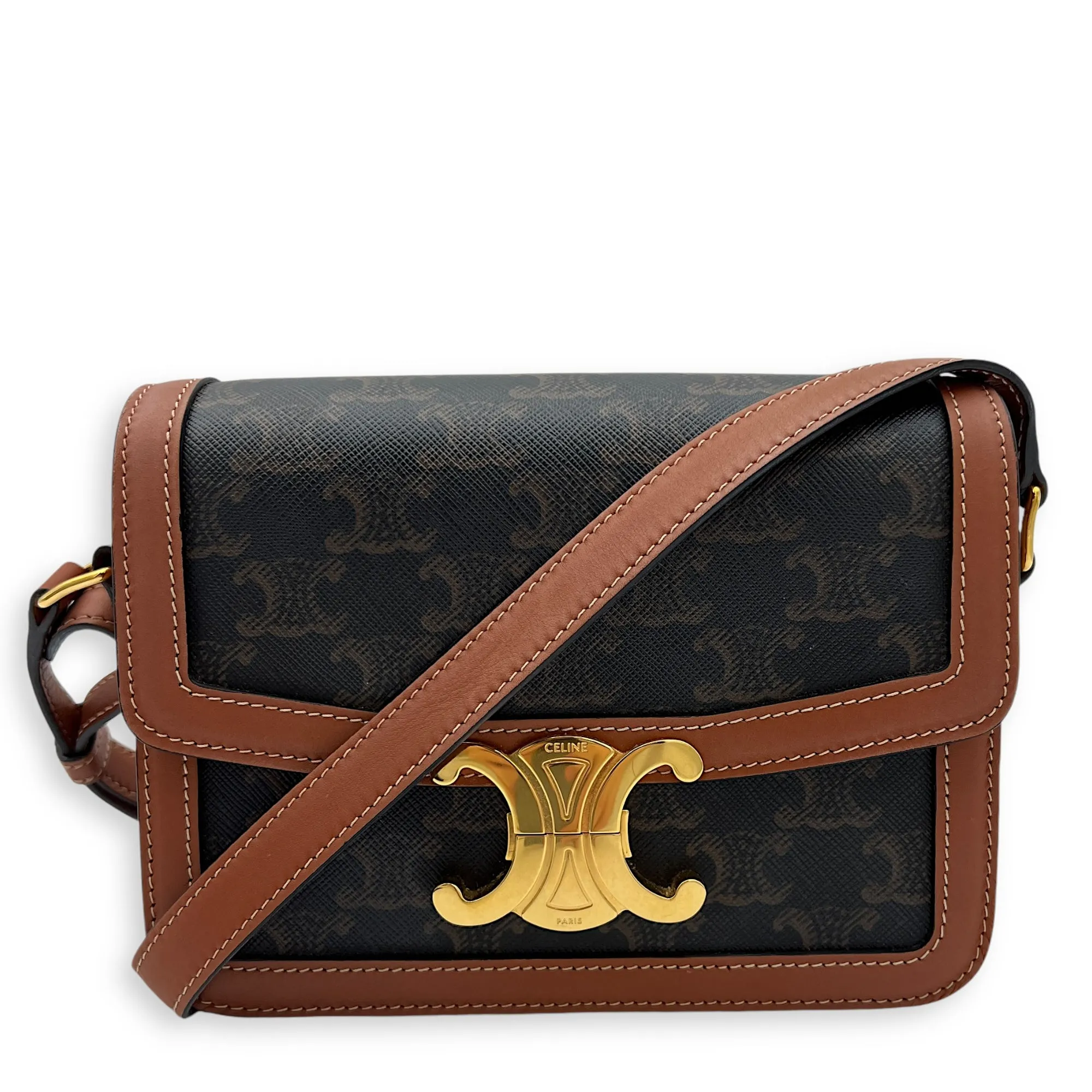 Triomphe Teen Brown Crossbody Bag in Coated Canvas, Gold hardware