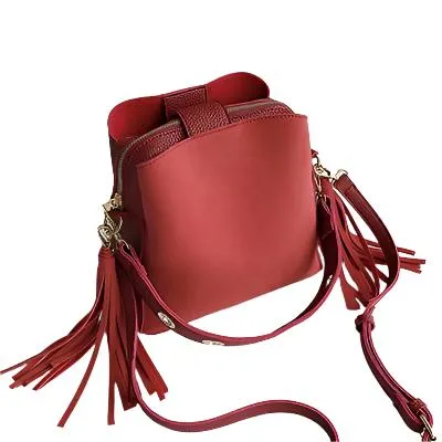 Vintage Female Zipper Leather Bucket Bag With Tassel For Daily Use